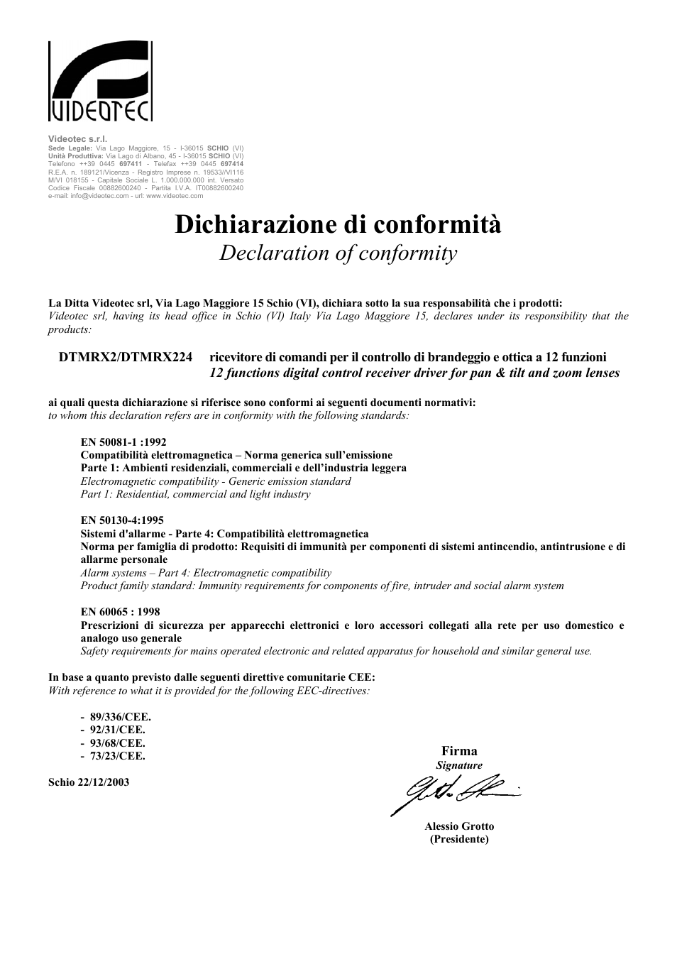 Dichiarazione di conformità, Declaration of conformity | Videotec DTMRX2 User Manual | Page 91 / 96