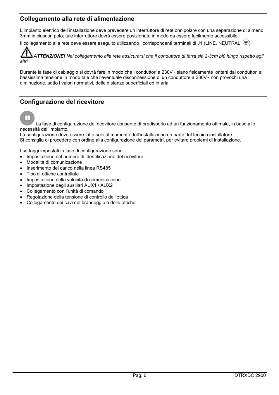 Collegamento alla rete di alimentazione, Configurazione del ricevitore | Videotec DTRXDC User Manual | Page 10 / 68