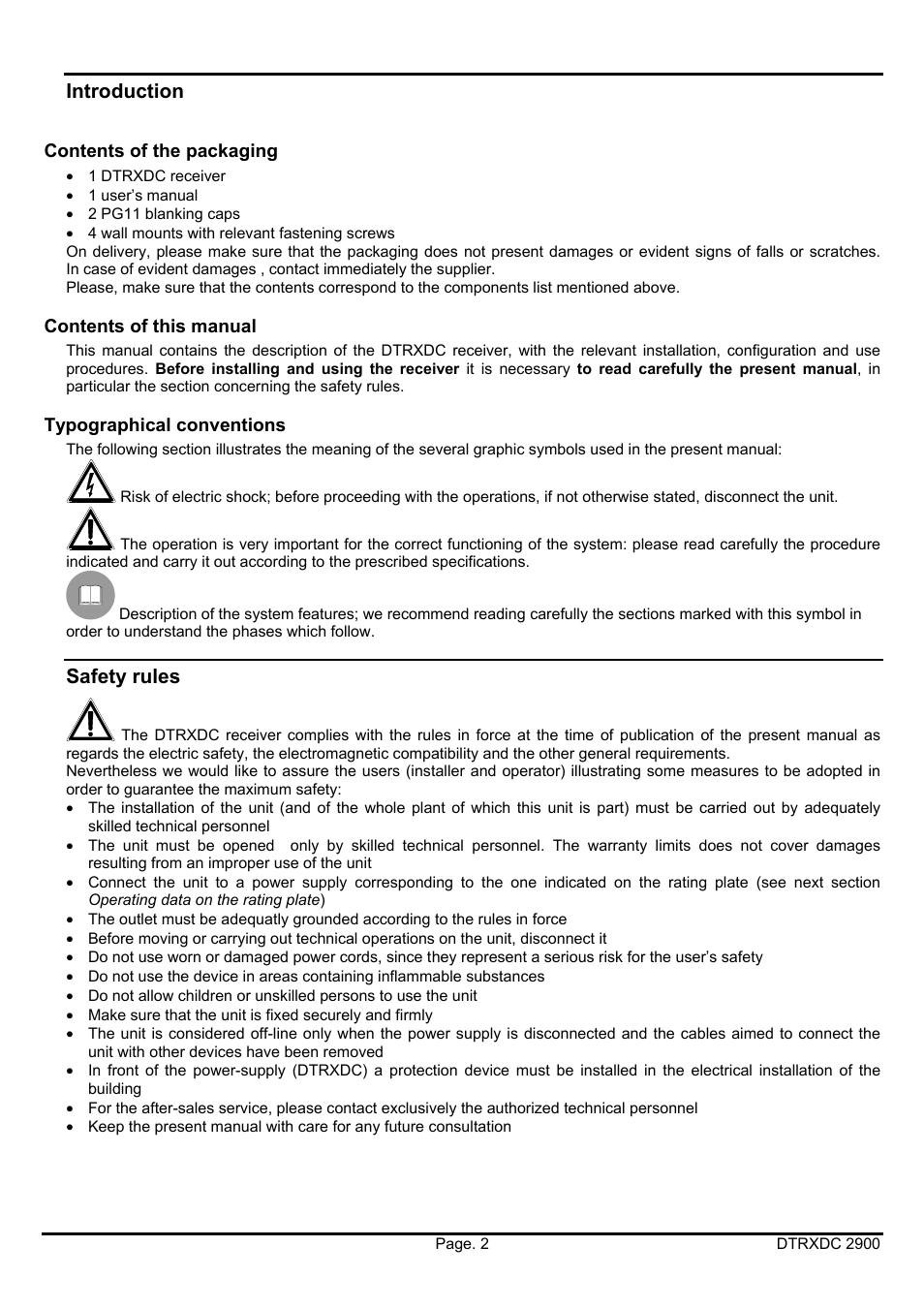 Introduction, Safety rules | Videotec DTRXDC User Manual | Page 22 / 68