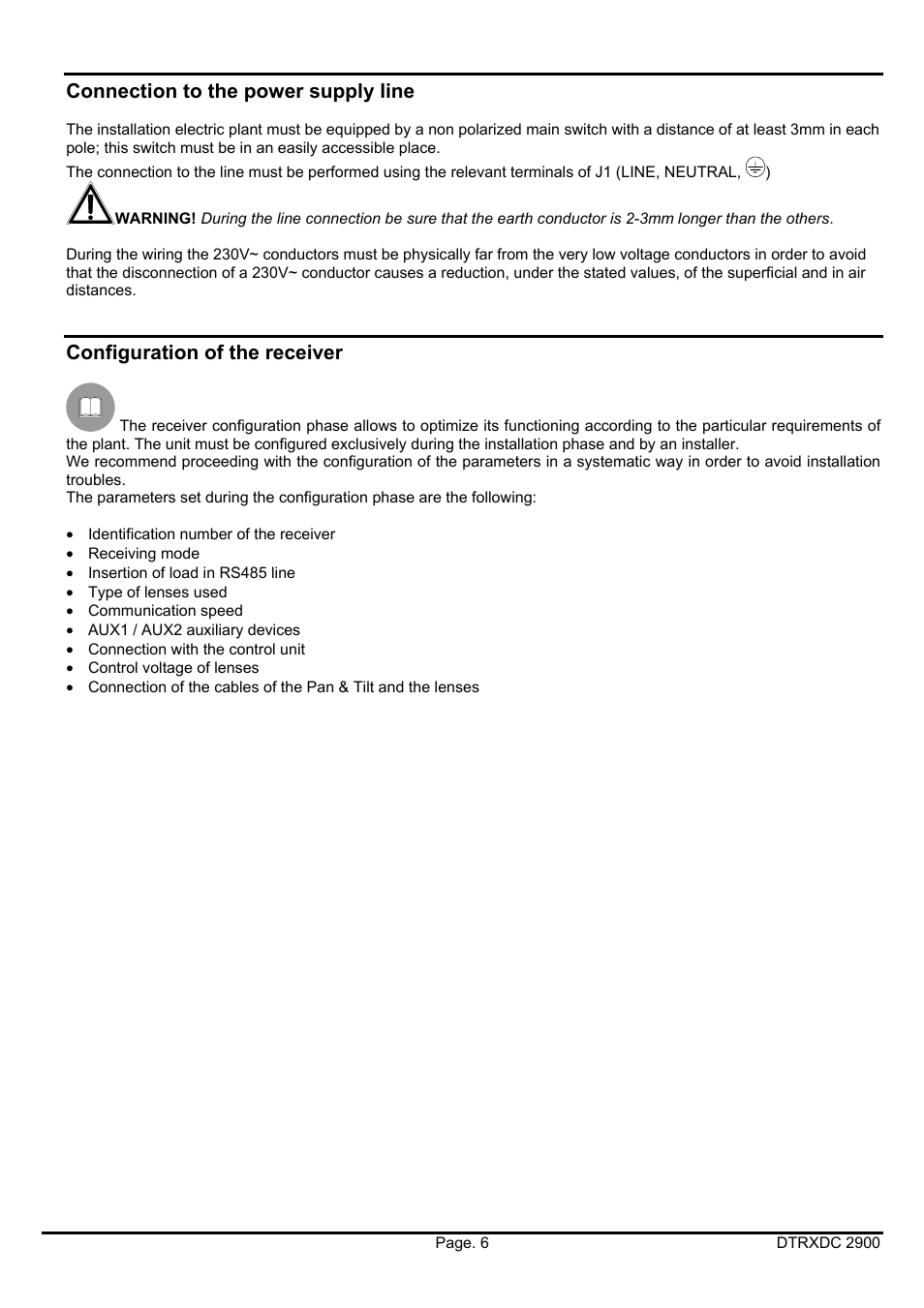Connection to the power supply line, Configuration of the receiver | Videotec DTRXDC User Manual | Page 26 / 68