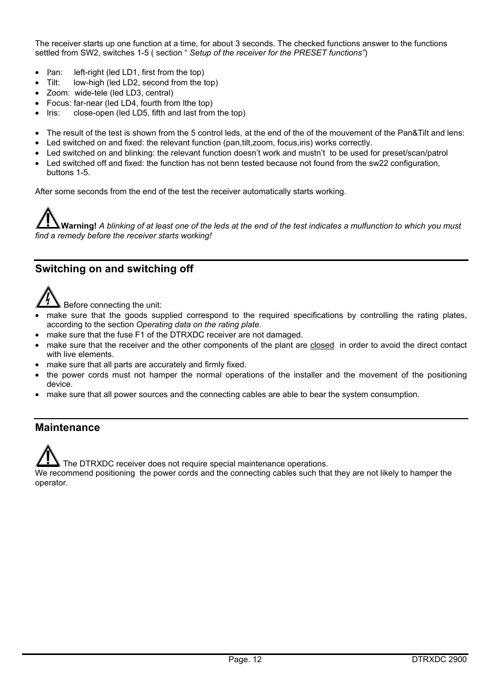 Switching on and switching off, Maintenance | Videotec DTRXDC User Manual | Page 32 / 68