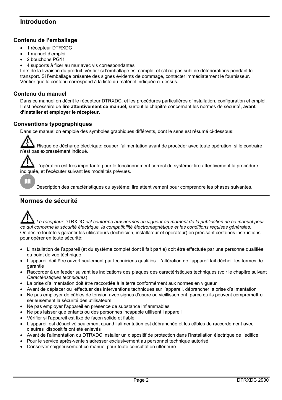 Introduction, Normes de sécurité | Videotec DTRXDC User Manual | Page 38 / 68