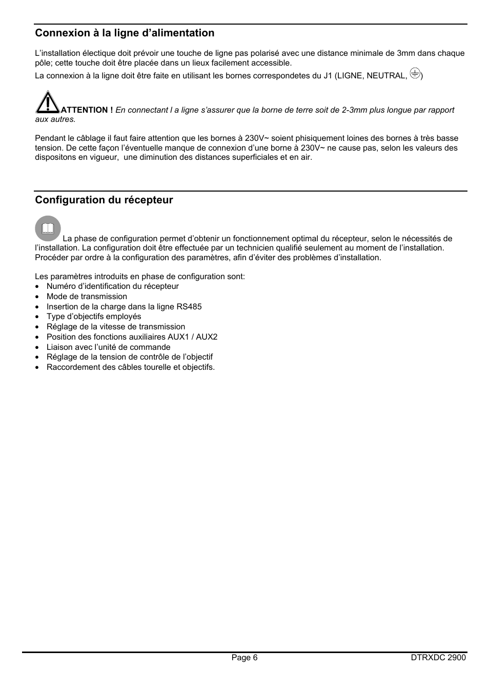 Connexion à la ligne d’alimentation, Configuration du récepteur | Videotec DTRXDC User Manual | Page 42 / 68