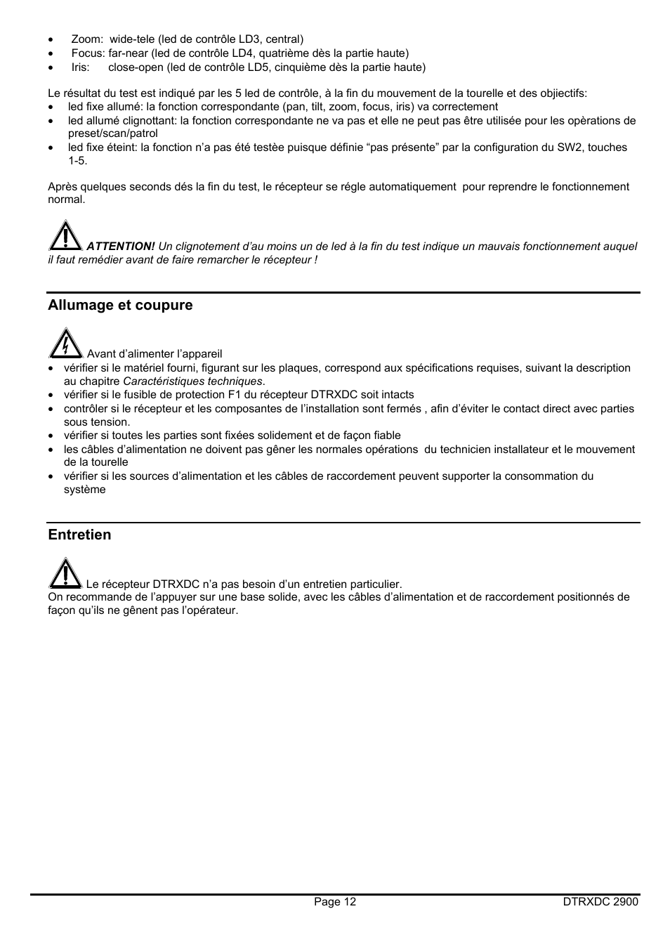 Allumage et coupure, Entretien | Videotec DTRXDC User Manual | Page 48 / 68
