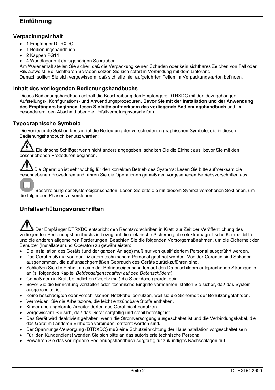 Einführung, Unfallverhütungsvorschriften | Videotec DTRXDC User Manual | Page 54 / 68