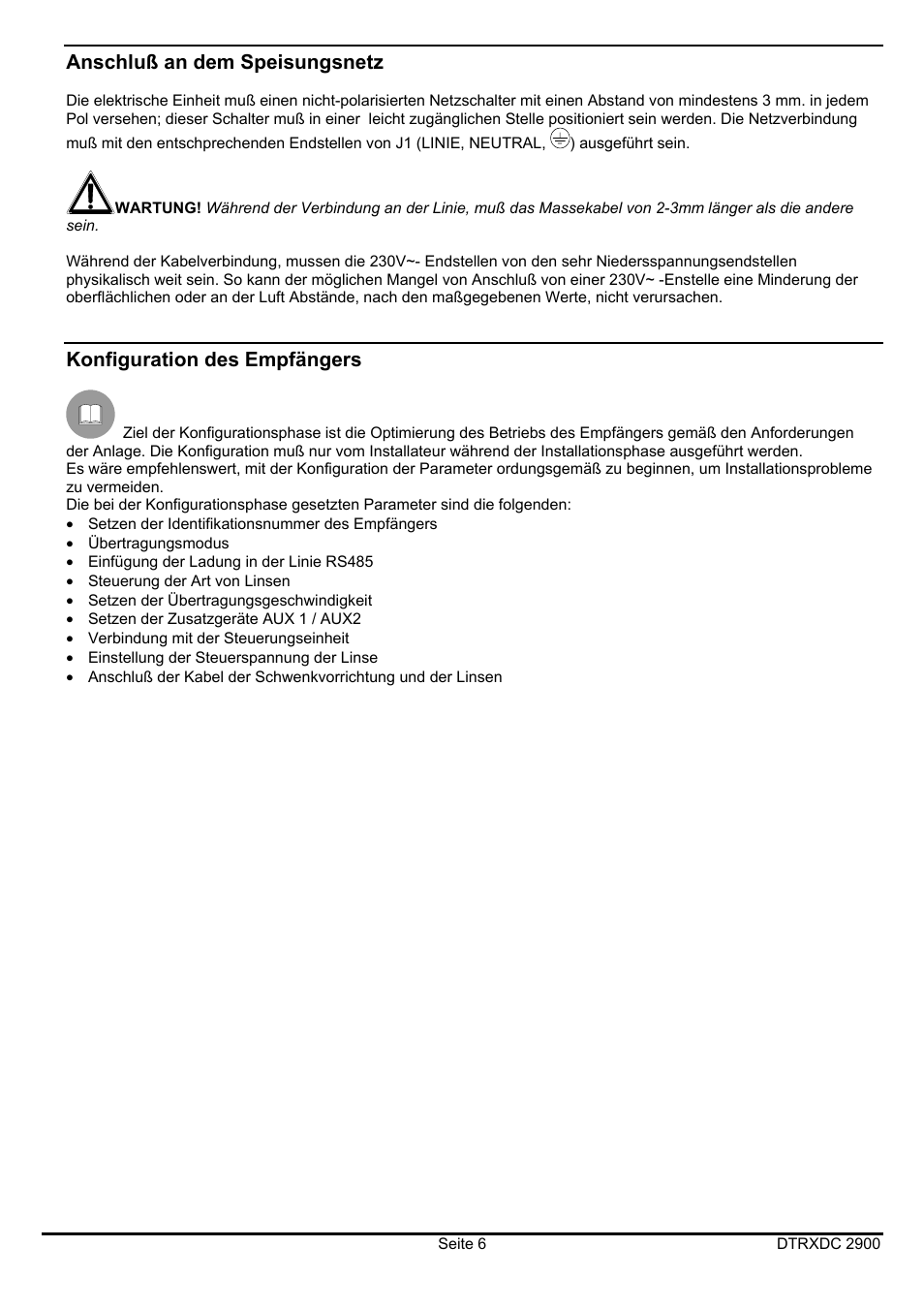 Anschluß an dem speisungsnetz, Konfiguration des empfängers | Videotec DTRXDC User Manual | Page 58 / 68