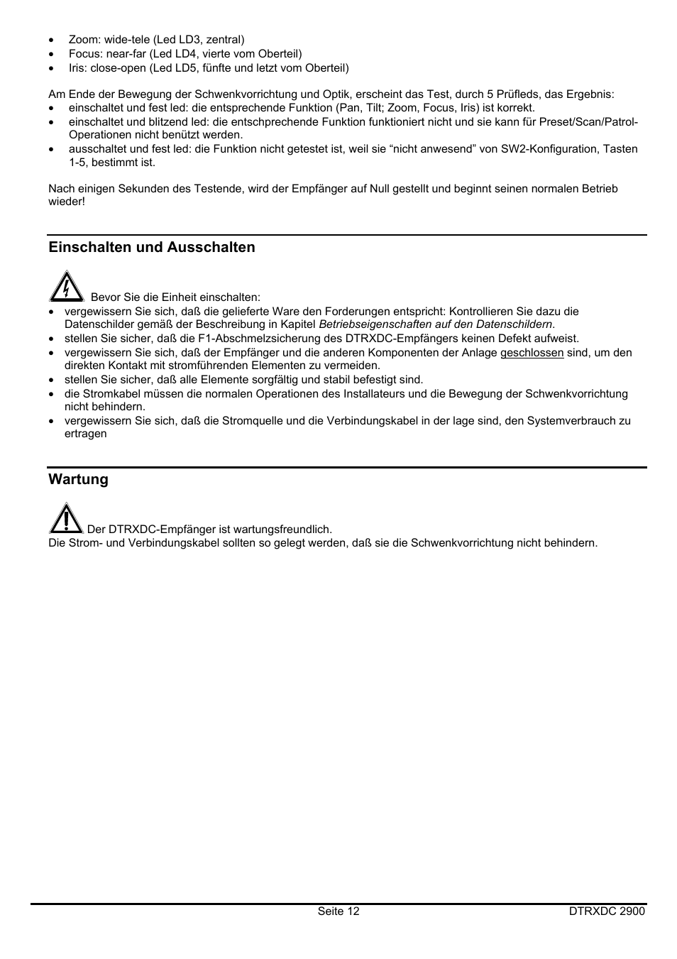 Einschalten und ausschalten, Wartung | Videotec DTRXDC User Manual | Page 64 / 68