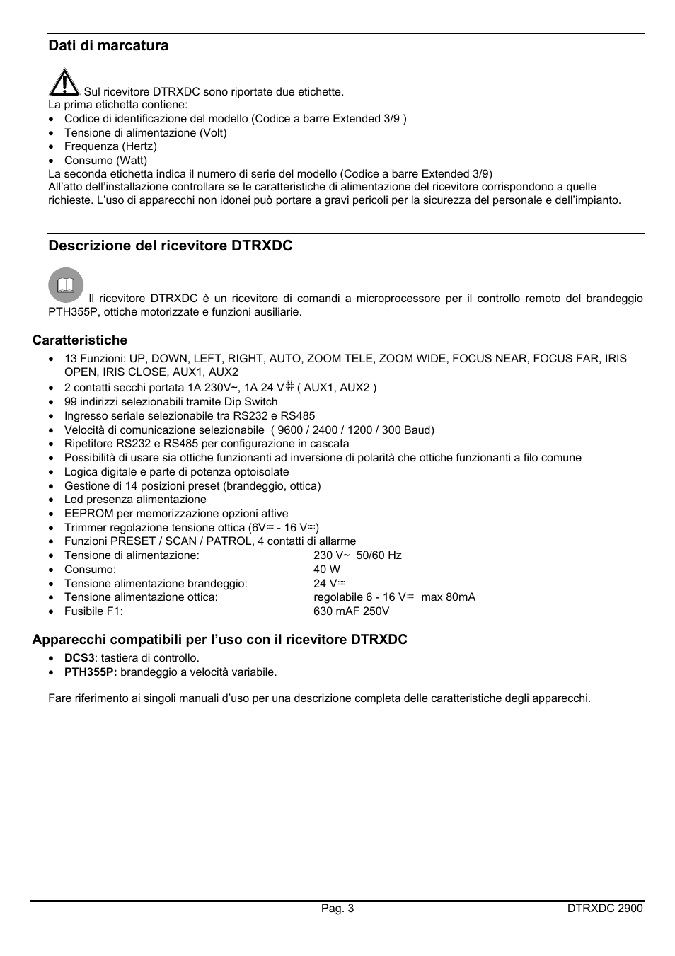 Dati di marcatura, Descrizione del ricevitore dtrxdc | Videotec DTRXDC User Manual | Page 7 / 68