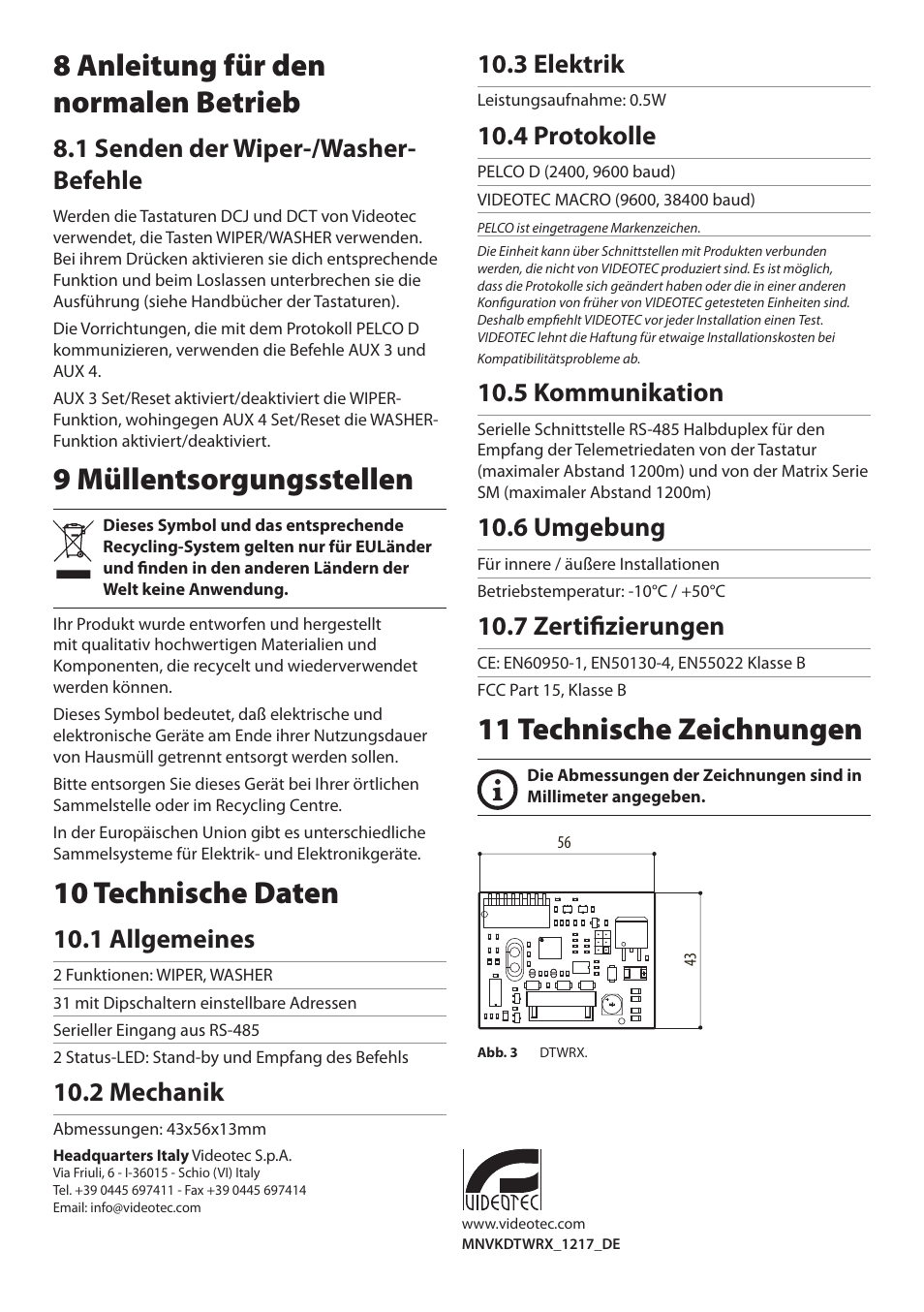8 anleitung für den normalen betrieb, 1 senden der wiper-/washer-befehle, 9 müllentsorgungsstellen | 10 technische daten, 1 allgemeines, 2 mechanik, 3 elektrik, 4 protokolle, 5 kommunikation, 6 umgebung | Videotec DTWRX User Manual | Page 18 / 20