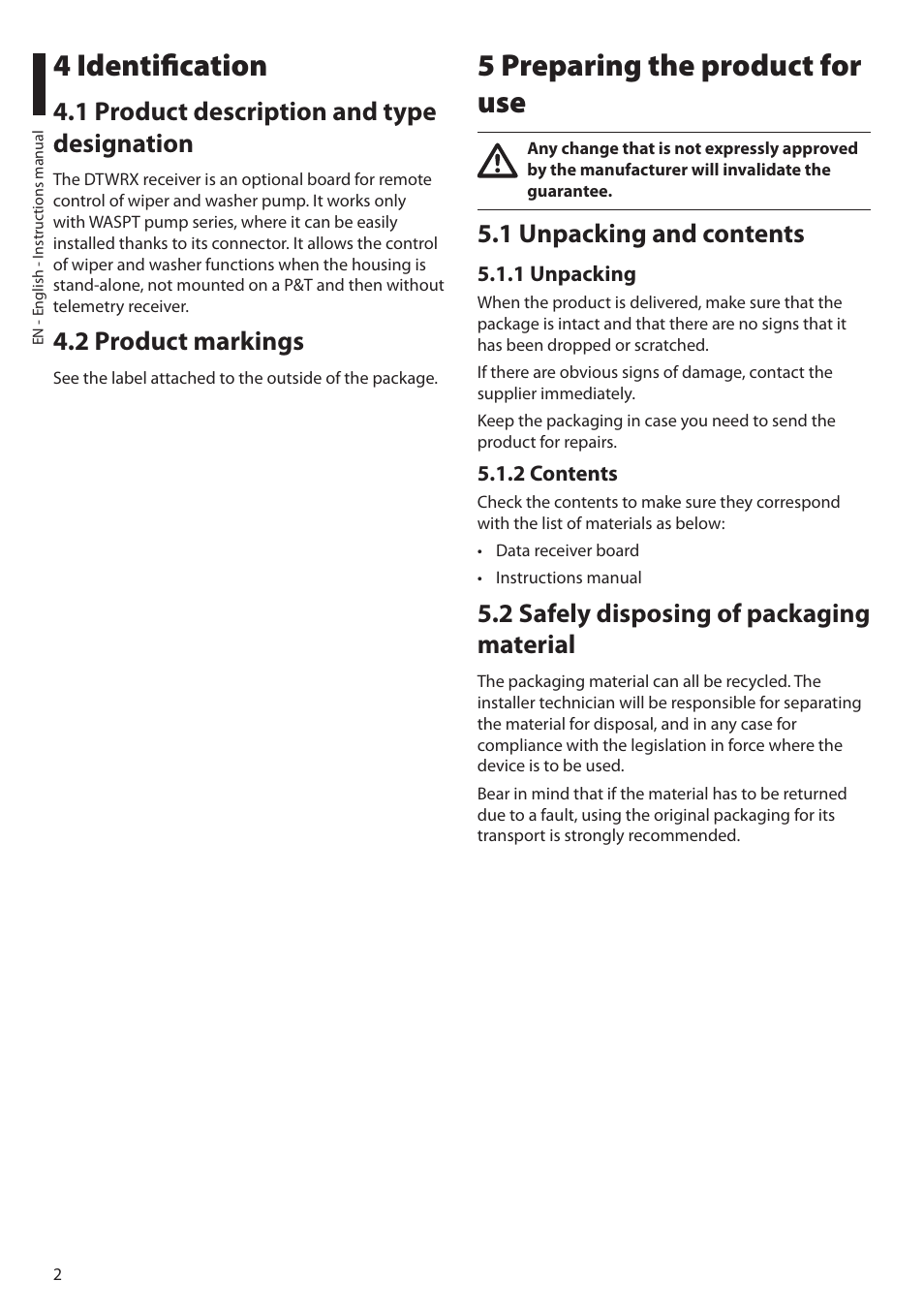 4 identification, 1 product description and type designation, 2 product markings | 5 preparing the product for use, 1 unpacking and contents, 1 unpacking, 2 contents, 2 safely disposing of packaging material | Videotec DTWRX User Manual | Page 4 / 20