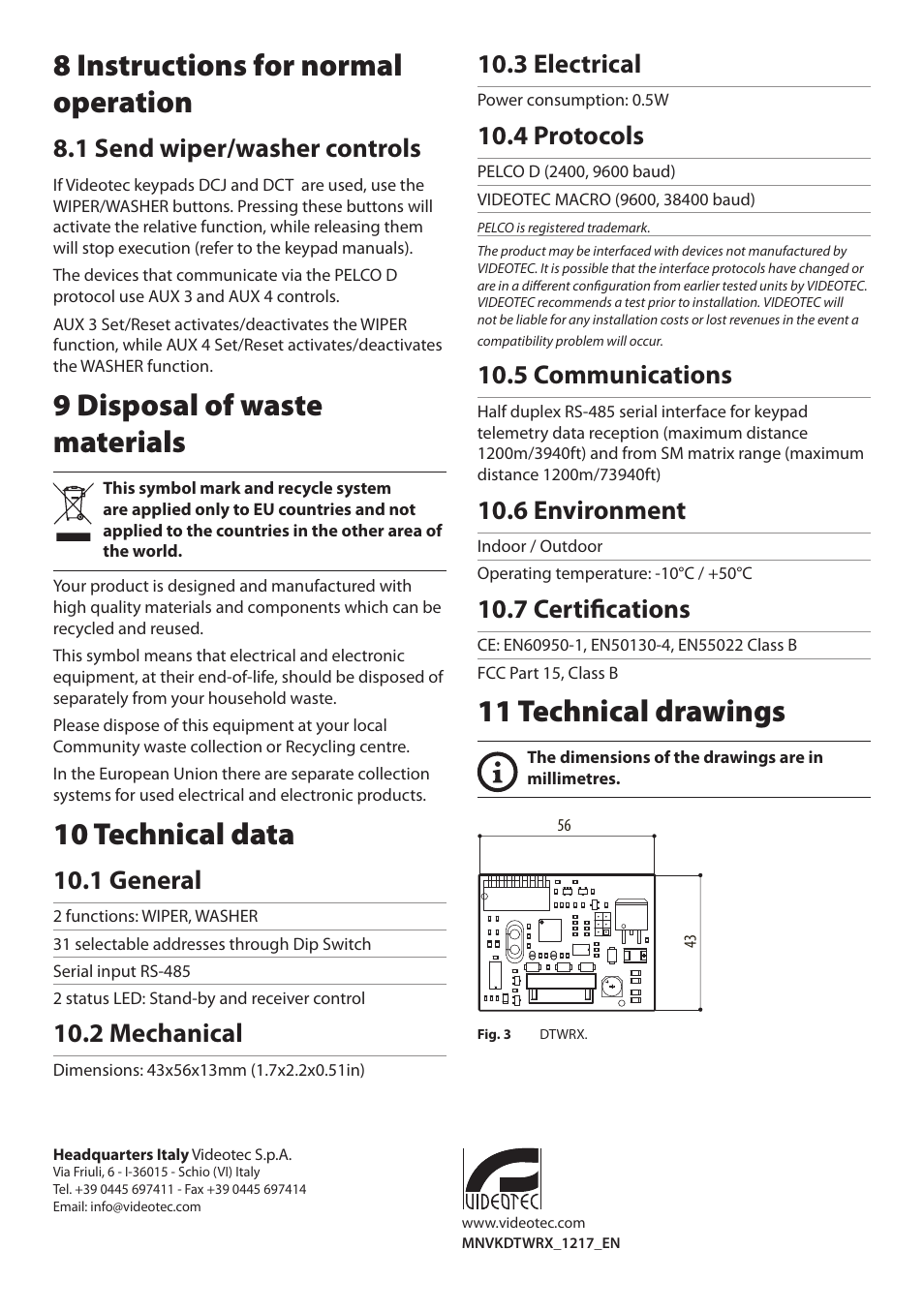 8 instructions for normal operation, 1 send wiper/washer controls, 9 disposal of waste materials | 10 technical data, 1 general, 2 mechanical, 3 electrical, 4 protocols, 5 communications, 6 environment | Videotec DTWRX User Manual | Page 6 / 20