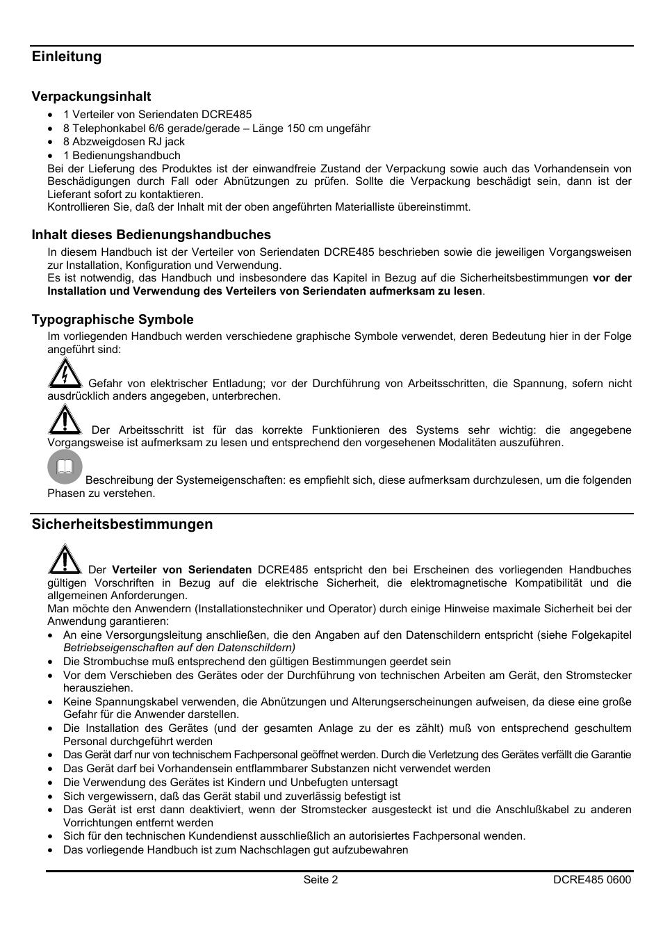 Einleitung, Sicherheitsbestimmungen | Videotec DCRE485 User Manual | Page 36 / 44
