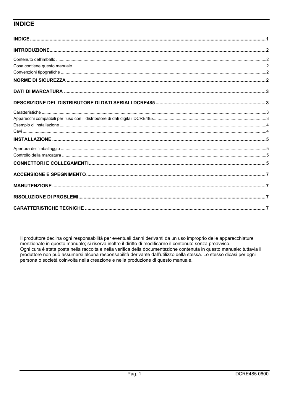 Indice | Videotec DCRE485 User Manual | Page 5 / 44
