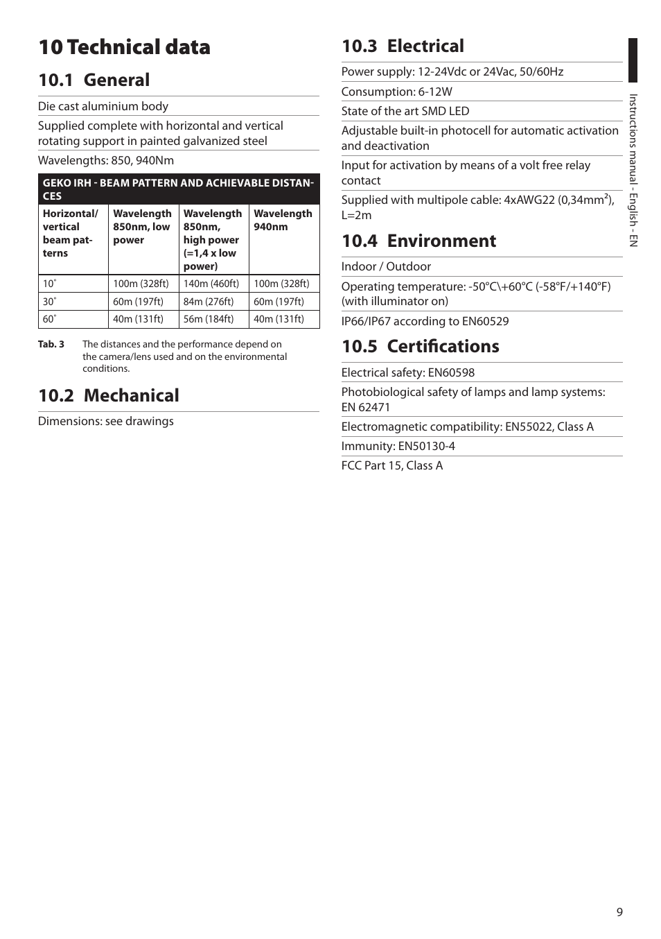 10 technical data, 1 general, 2 mechanical | 3 electrical, 4 environment, 5 certifications | Videotec GEKO IRH User Manual | Page 11 / 44