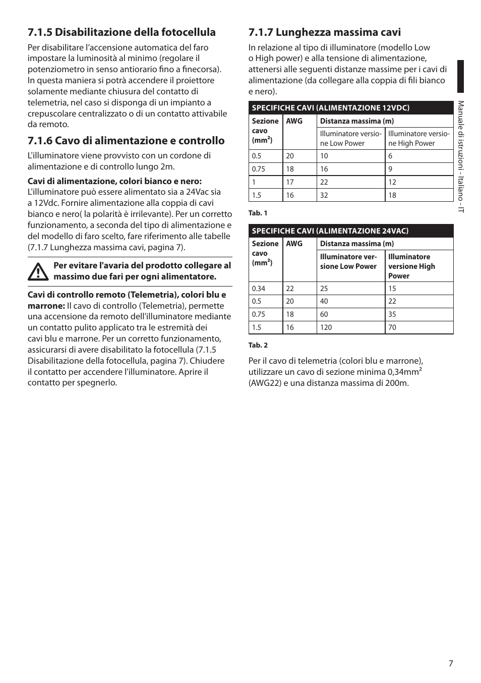 5 disabilitazione della fotocellula, 6 cavo di alimentazione e controllo, 7 lunghezza massima cavi | Videotec GEKO IRH User Manual | Page 19 / 44