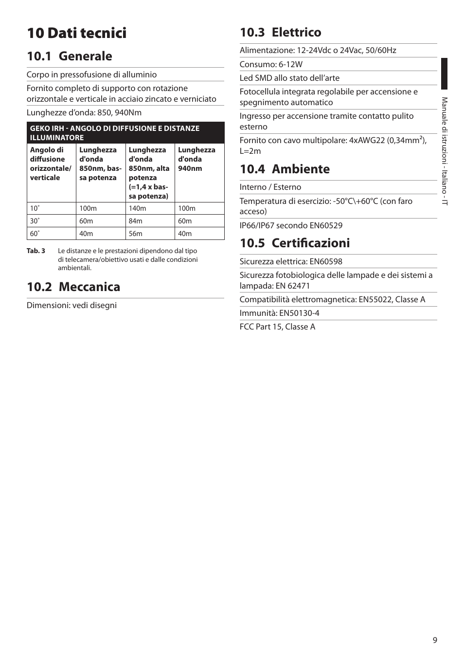 10 dati tecnici, 1 generale, 2 meccanica | 3 elettrico, 4 ambiente, 5 certificazioni | Videotec GEKO IRH User Manual | Page 21 / 44