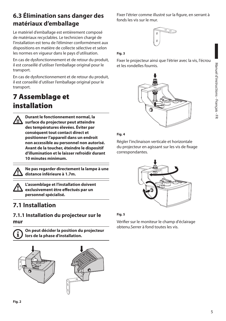 7 assemblage et installation, 1 installation, 1 installation du projecteur sur le mur | Videotec GEKO IRH User Manual | Page 27 / 44