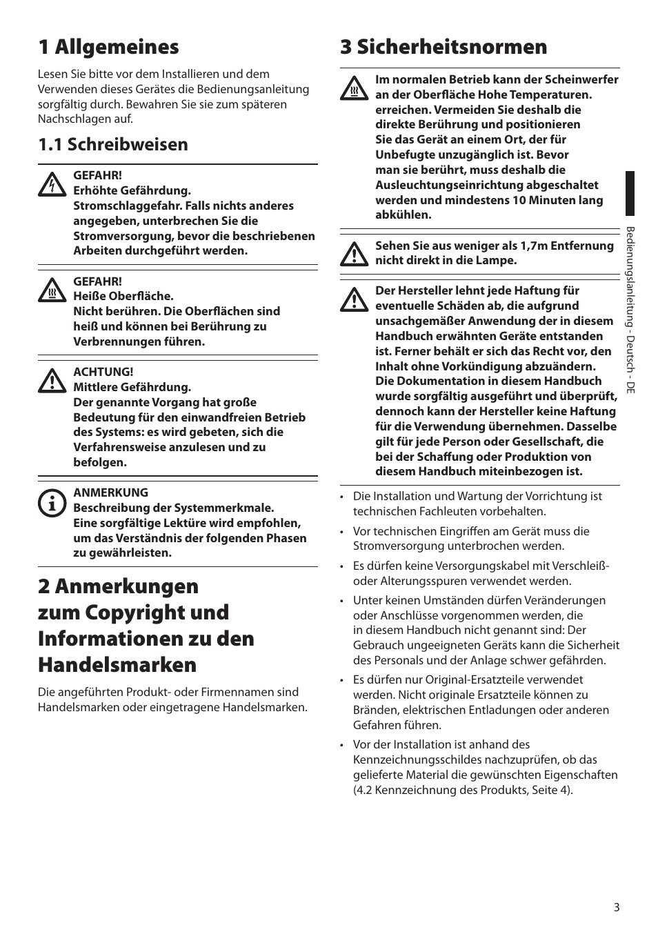 1 allgemeines, 1 schreibweisen, 3 sicherheitsnormen | Videotec GEKO IRH User Manual | Page 35 / 44