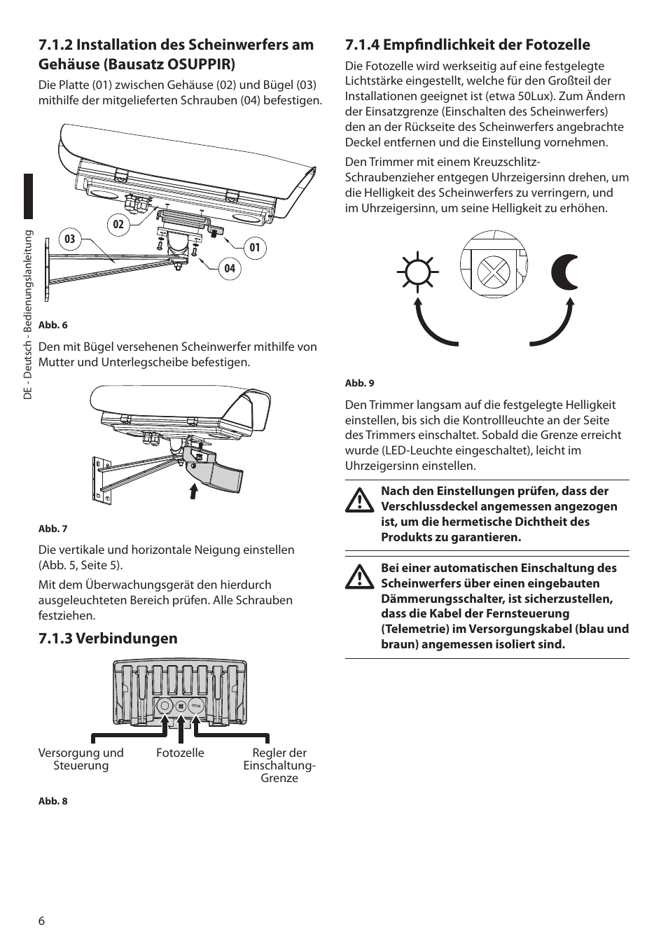 3 verbindungen, 4 empfindlichkeit der fotozelle | Videotec GEKO IRH User Manual | Page 38 / 44