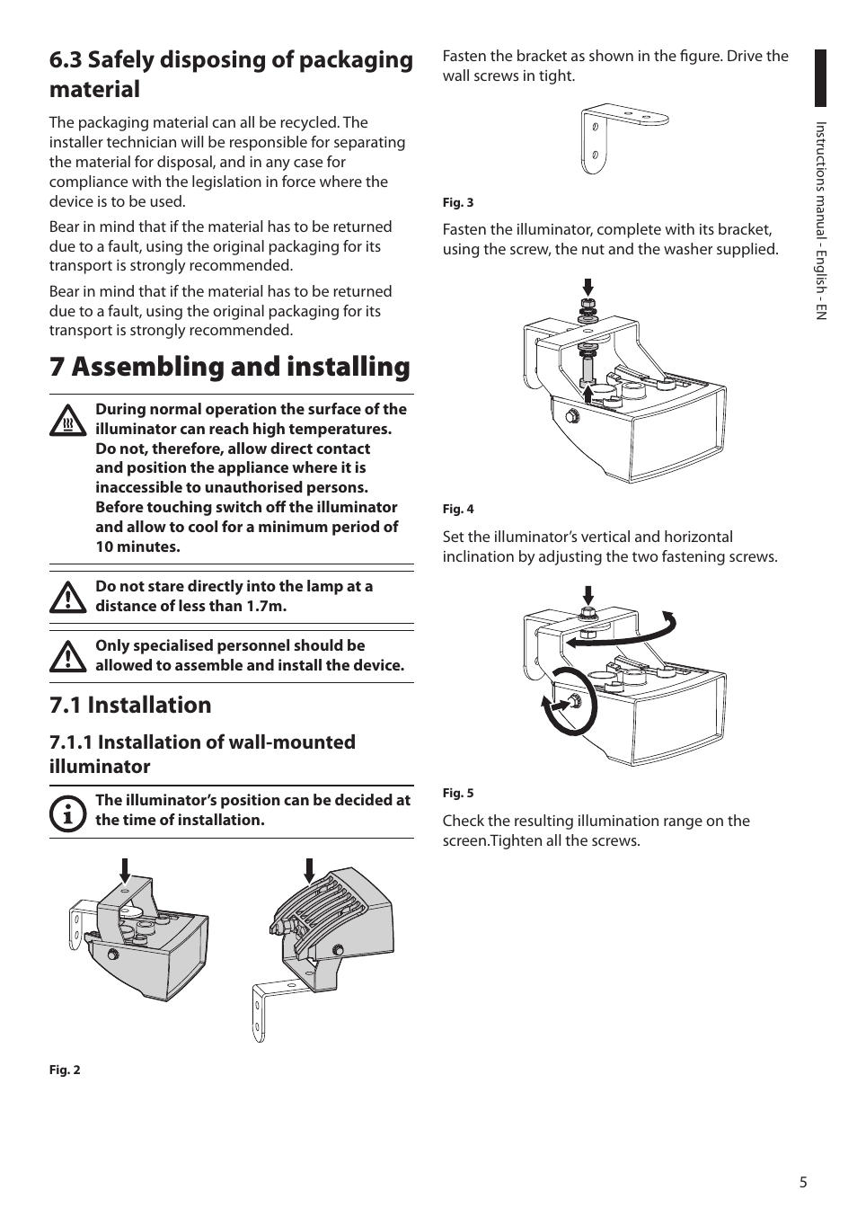 3 safely disposing of packaging material, 7 assembling and installing, 1 installation | 1 installation of wall-mounted illuminator | Videotec GEKO IRH User Manual | Page 7 / 44