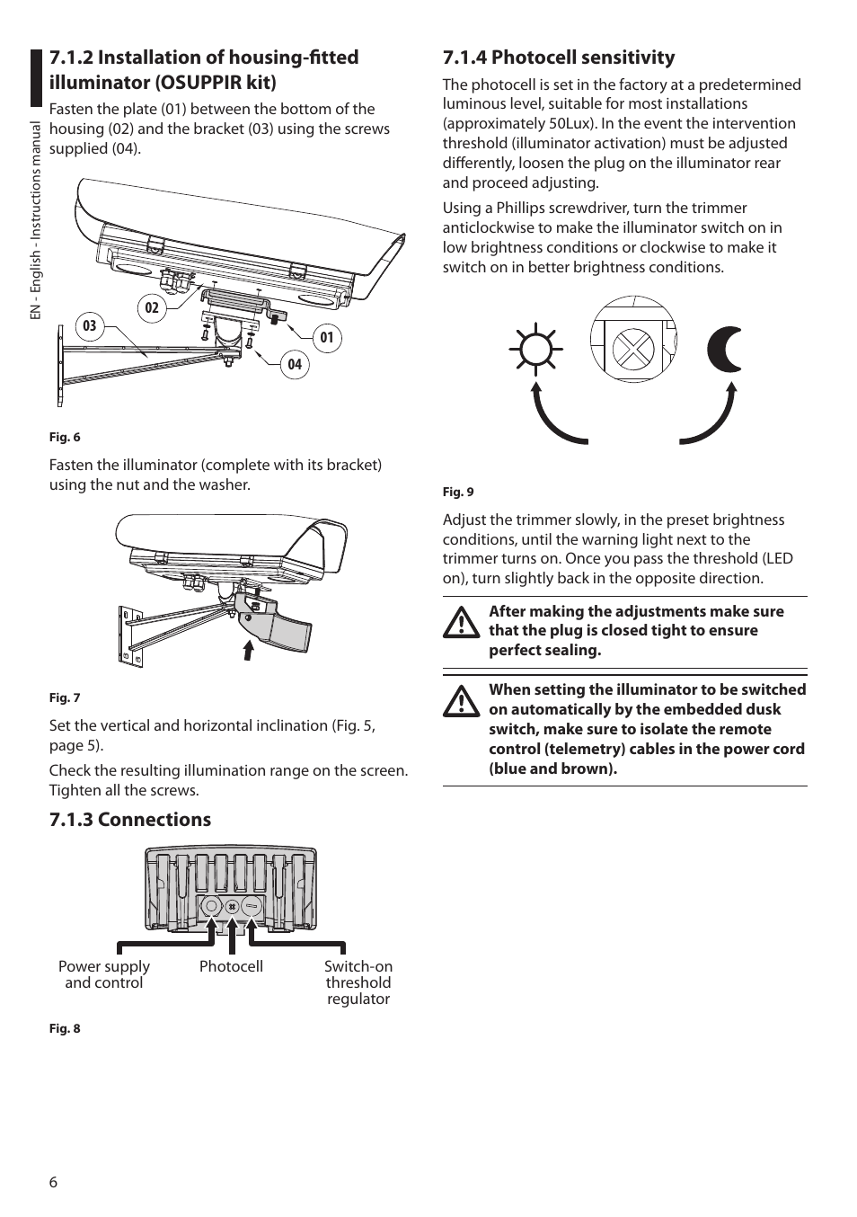 3 connections, 4 photocell sensitivity | Videotec GEKO IRH User Manual | Page 8 / 44
