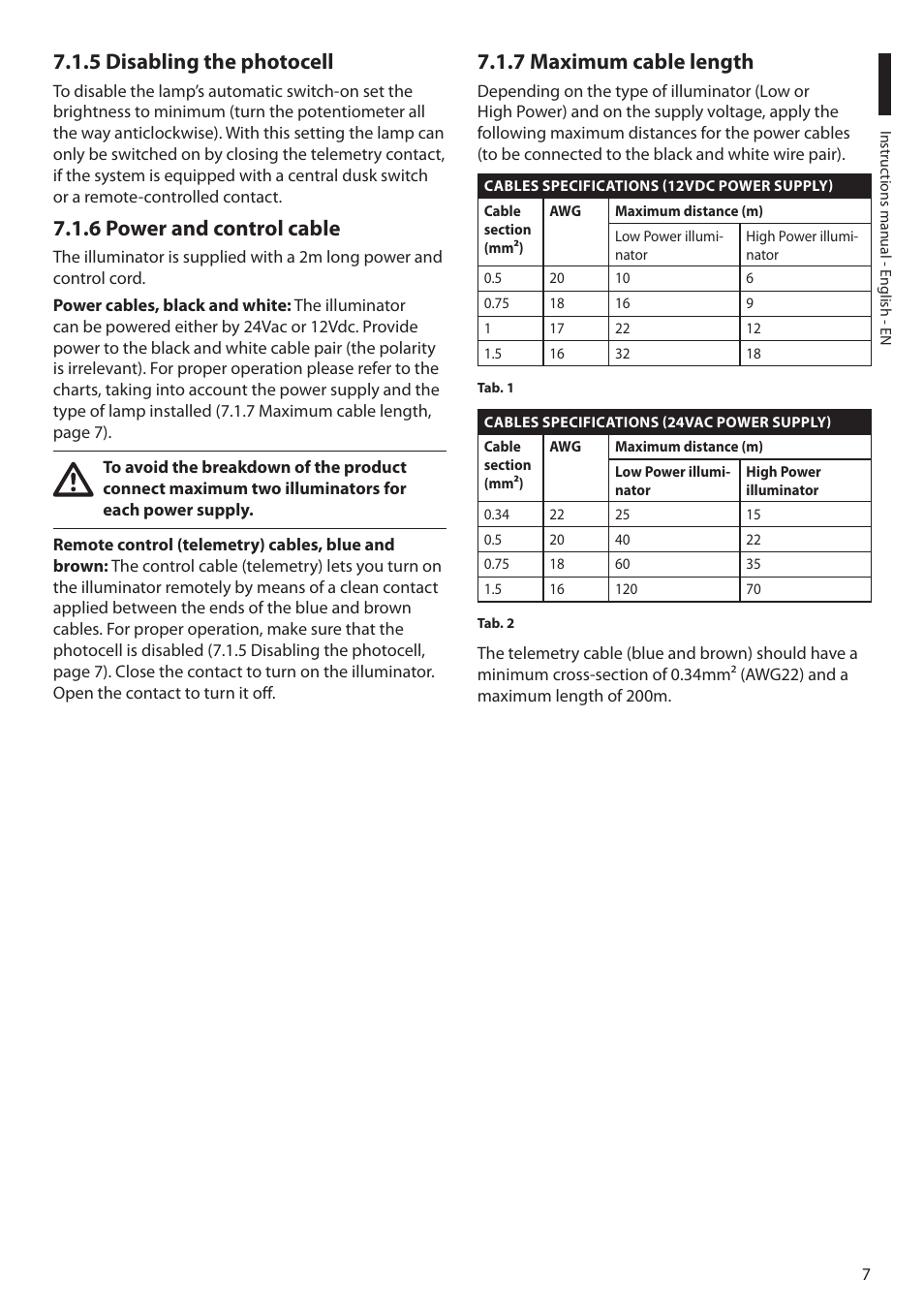 5 disabling the photocell, 6 power and control cable, 7 maximum cable length | Videotec GEKO IRH User Manual | Page 9 / 44