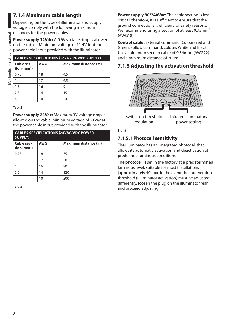 4 maximum cable length, 5 adjusting the activation threshold, 1 photocell sensitivity | Videotec GEKO IRN User Manual | Page 10 / 52