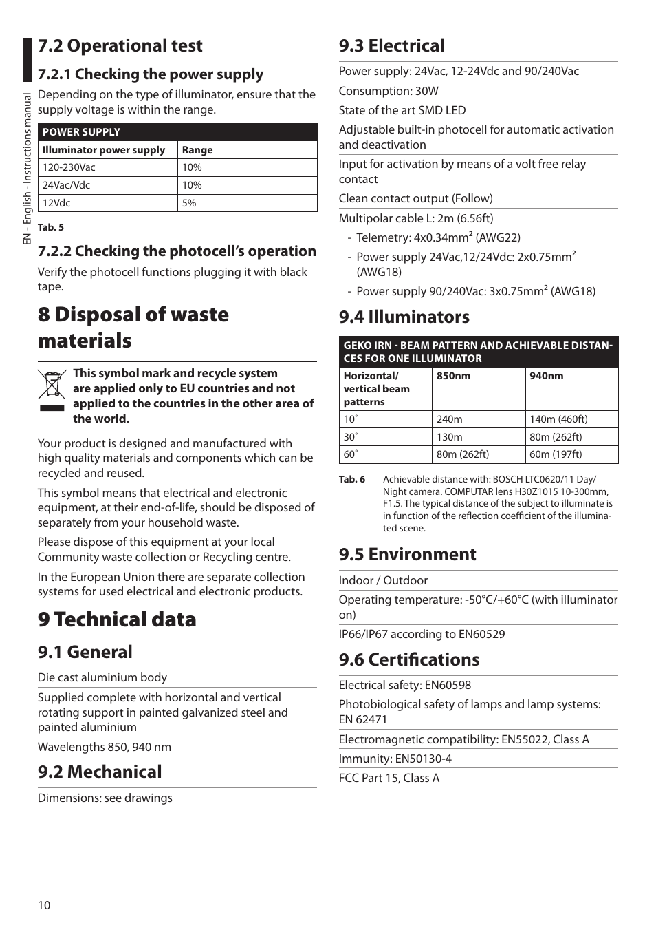 2 operational test, 1 checking the power supply, 2 checking the photocell’s operation | 8 disposal of waste materials, 9 technical data, 1 general, 2 mechanical, 3 electrical, 4 illuminators, 5 environment | Videotec GEKO IRN User Manual | Page 12 / 52