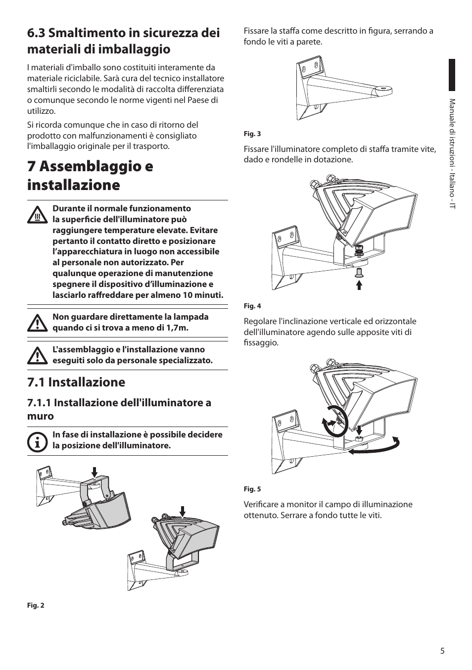 7 assemblaggio e installazione, 1 installazione, 1 installazione dell'illuminatore a muro | Videotec GEKO IRN User Manual | Page 19 / 52