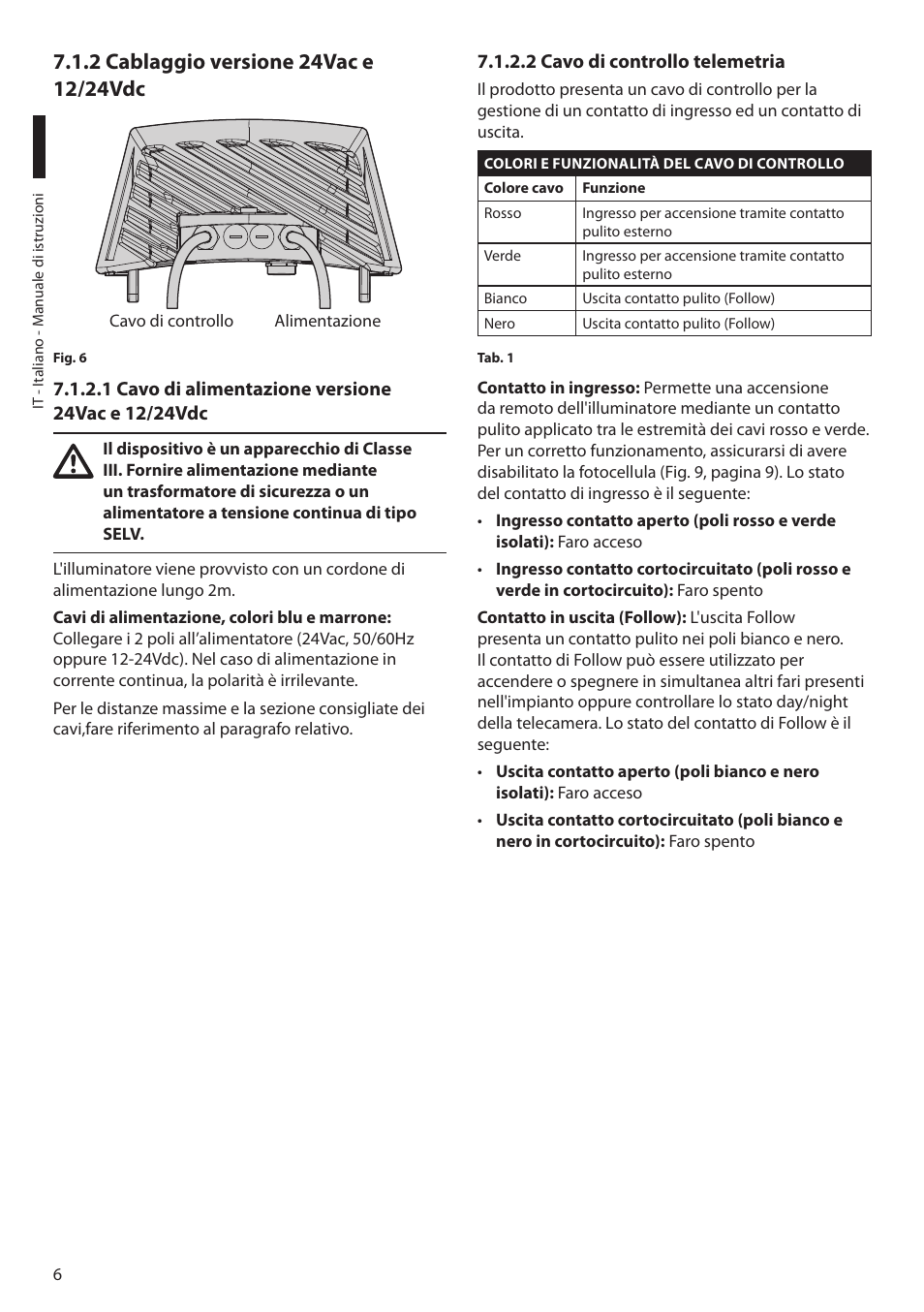 2 cablaggio versione 24vac e 12/24vdc, 1 cavo di alimentazione versione 24vac e 12/24vdc, 2 cavo di controllo telemetria | Videotec GEKO IRN User Manual | Page 20 / 52