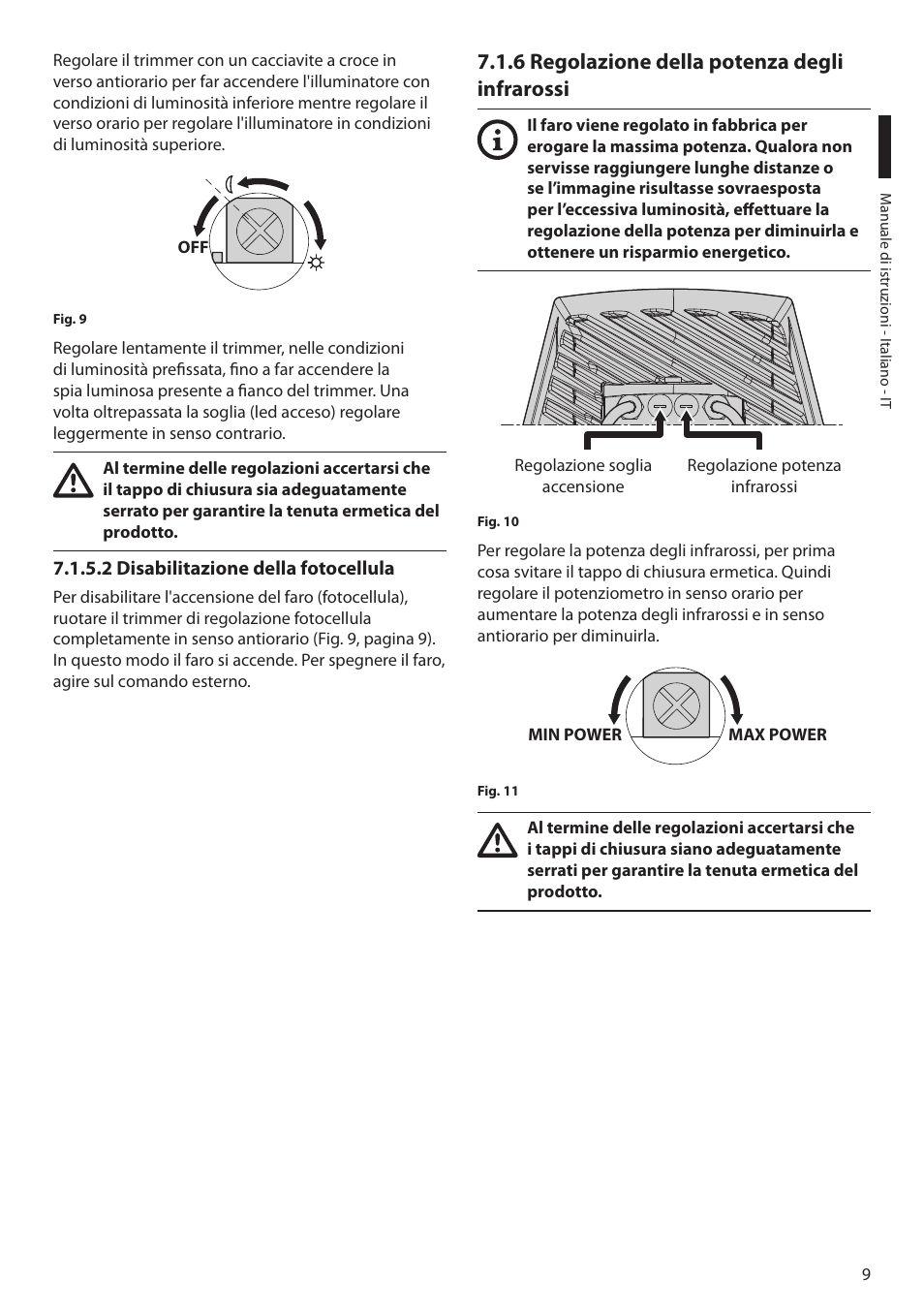 2 disabilitazione della fotocellula, 6 regolazione della potenza degli infrarossi | Videotec GEKO IRN User Manual | Page 23 / 52