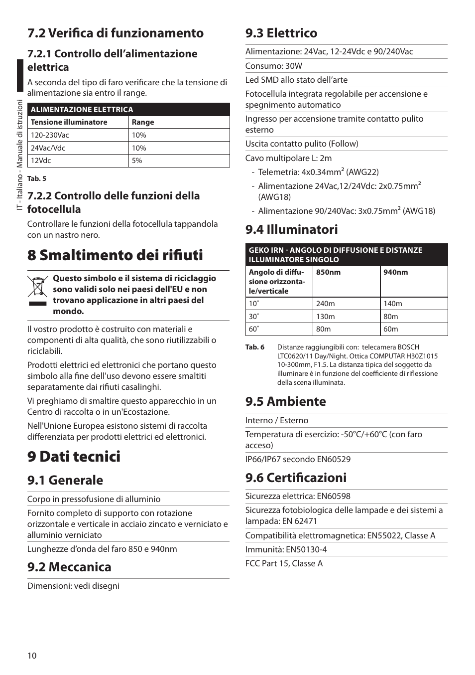 2 verifica di funzionamento, 1 controllo dell’alimentazione elettrica, 2 controllo delle funzioni della fotocellula | 8 smaltimento dei rifiuti, 9 dati tecnici, 1 generale, 2 meccanica, 3 elettrico, 4 illuminatori, 5 ambiente | Videotec GEKO IRN User Manual | Page 24 / 52