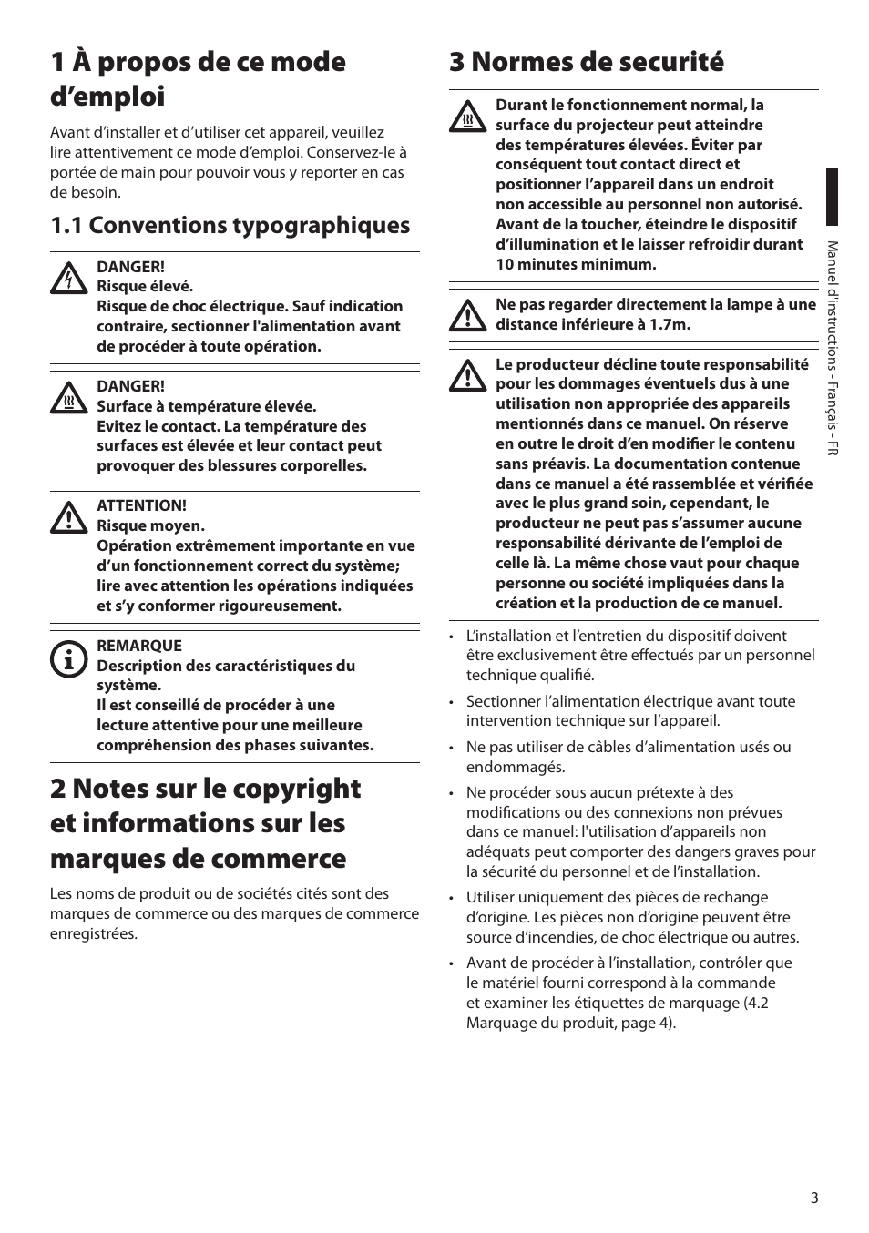 1 à propos de ce mode d’emploi, 1 conventions typographiques, 3 normes de securité | Videotec GEKO IRN User Manual | Page 29 / 52