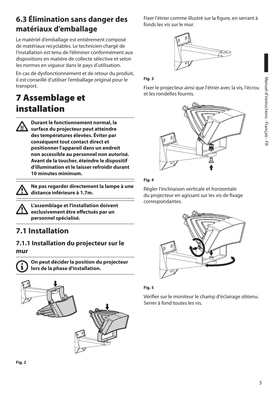 7 assemblage et installation, 1 installation, 1 installation du projecteur sur le mur | Videotec GEKO IRN User Manual | Page 31 / 52