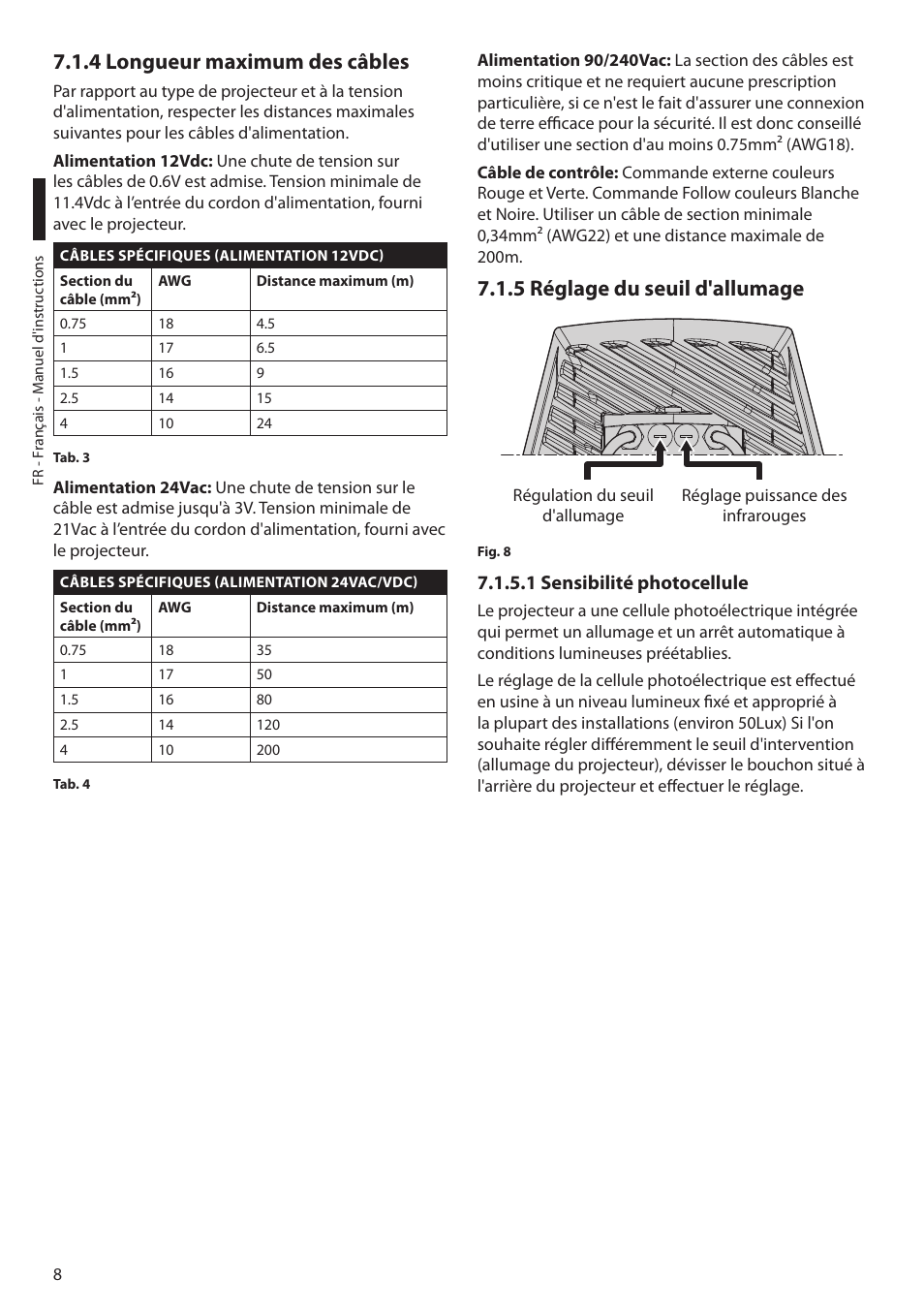 4 longueur maximum des câbles, 5 réglage du seuil d'allumage, 1 sensibilité photocellule | Videotec GEKO IRN User Manual | Page 34 / 52