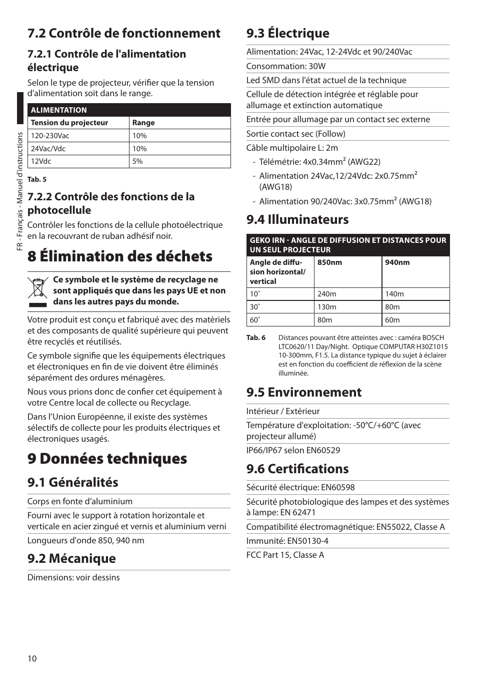 2 contrôle de fonctionnement, 1 contrôle de l'alimentation électrique, 2 contrôle des fonctions de la photocellule | 8 élimination des déchets, 9 données techniques, 1 généralités, 2 mécanique, 3 électrique, 4 illuminateurs, 5 environnement | Videotec GEKO IRN User Manual | Page 36 / 52