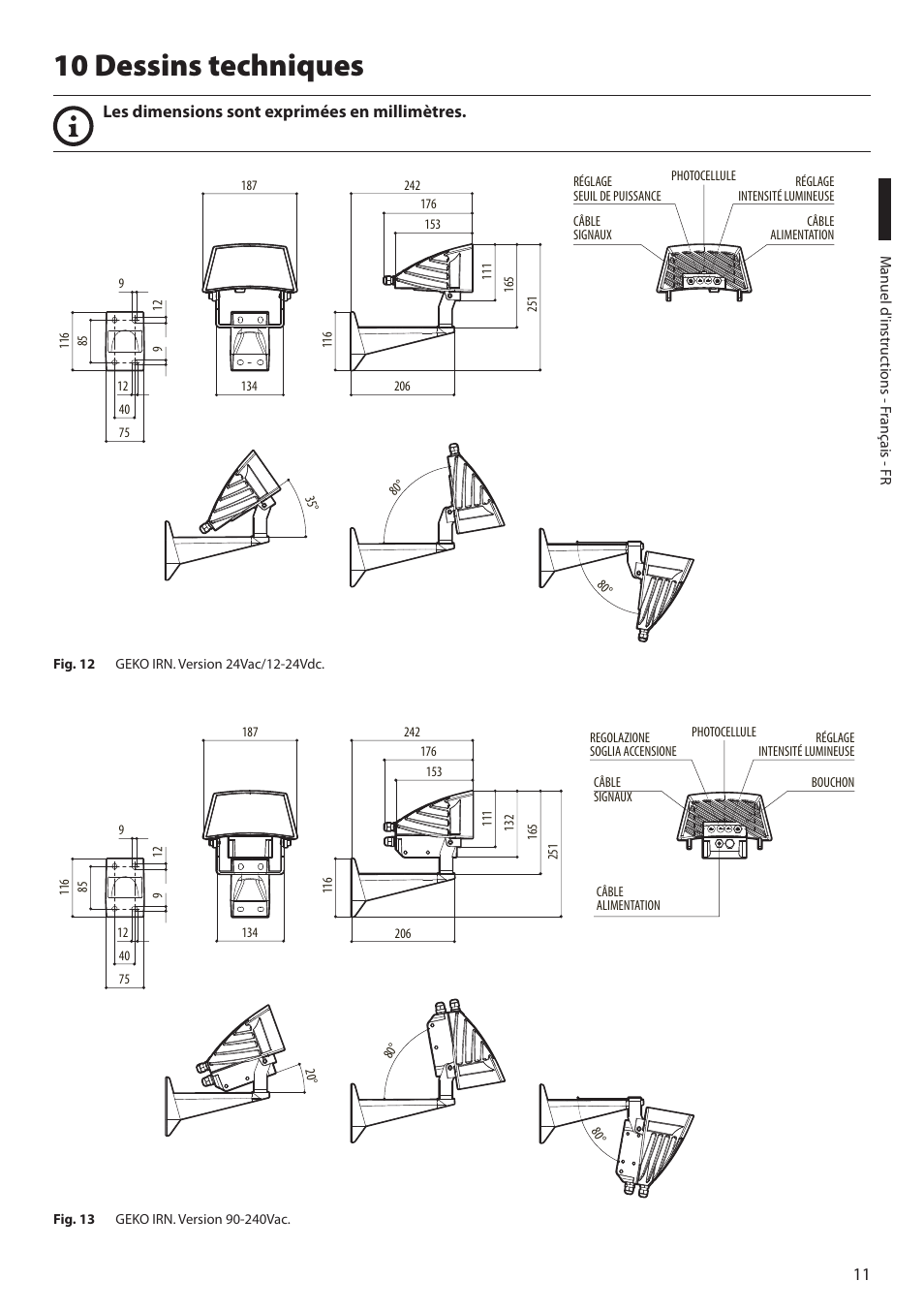 10 dessins techniques, Les dimensions sont exprimées en millimètres | Videotec GEKO IRN User Manual | Page 37 / 52