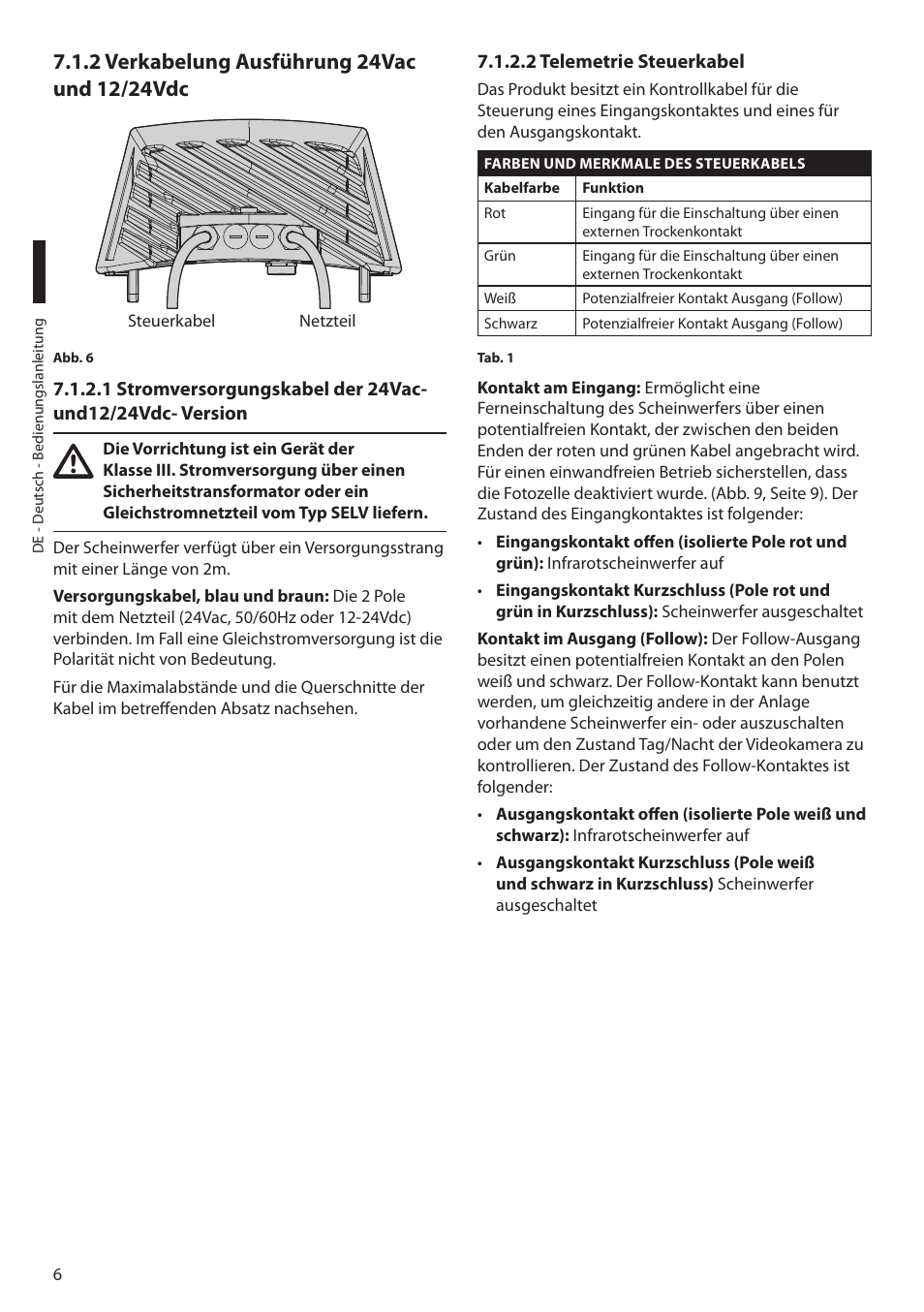 2 verkabelung ausführung 24vac und 12/24vdc, 2 telemetrie steuerkabel | Videotec GEKO IRN User Manual | Page 44 / 52