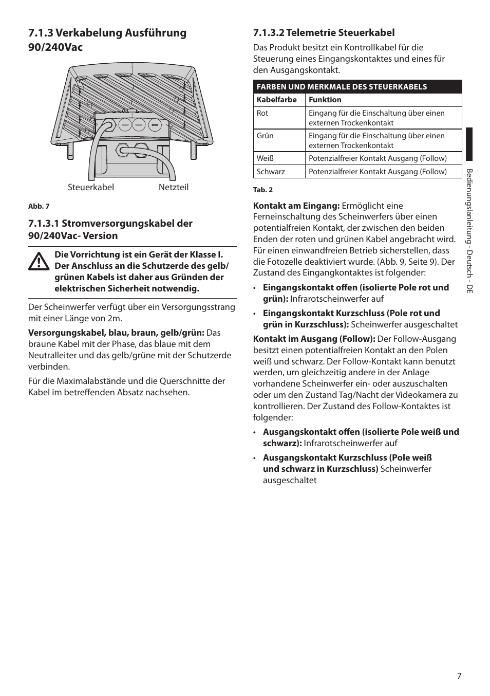 3 verkabelung ausführung 90/240vac, 1 stromversorgungskabel der 90/240vac- version, 2 telemetrie steuerkabel | Videotec GEKO IRN User Manual | Page 45 / 52