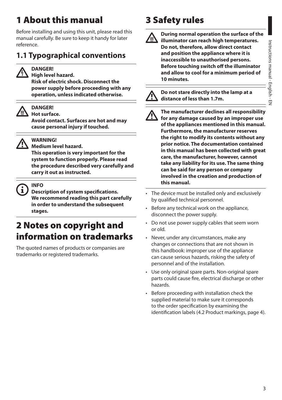 1 about this manual, 1 typographical conventions, 2 notes on copyright and information on trademarks | 3 safety rules | Videotec GEKO IRN User Manual | Page 5 / 52