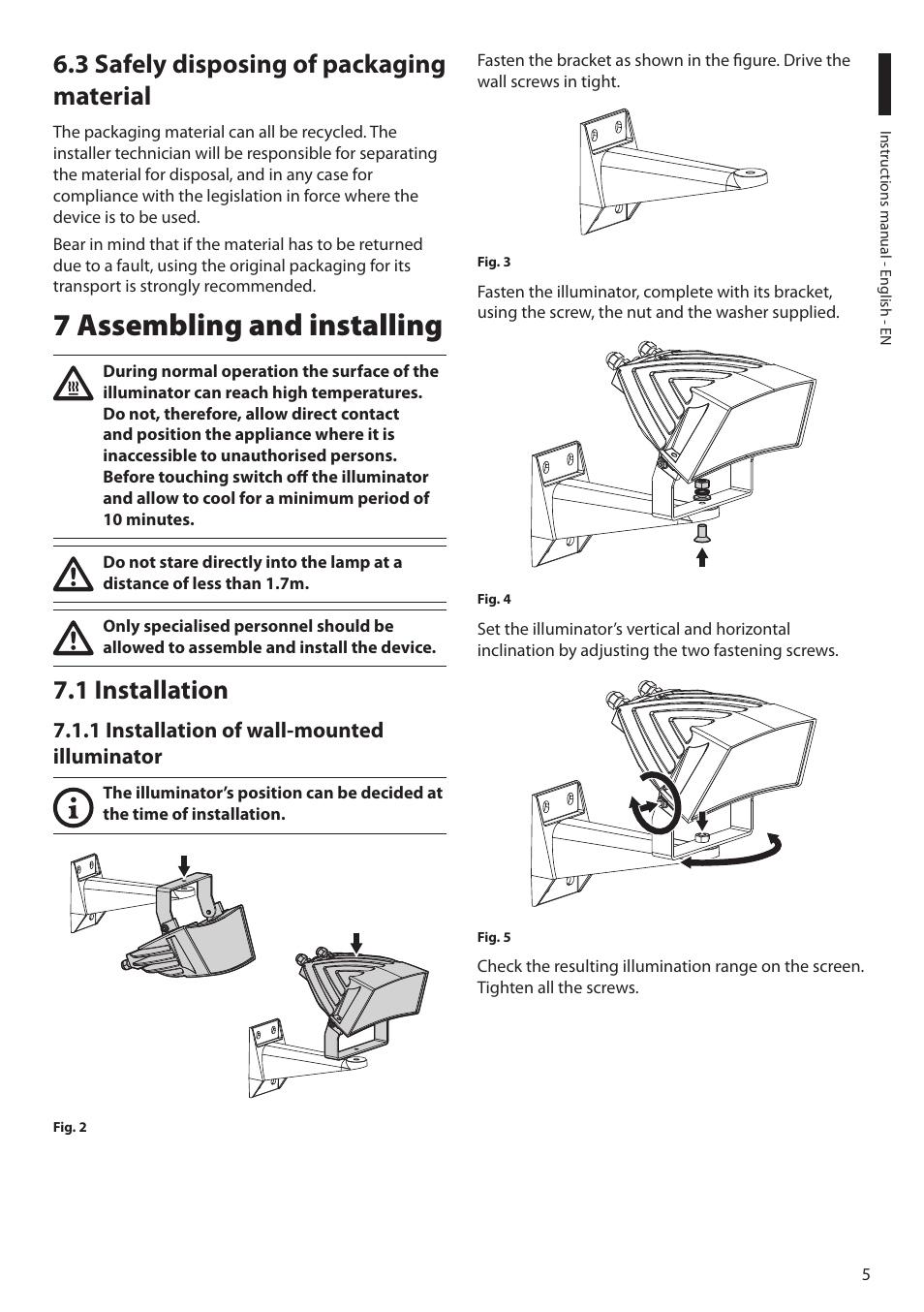 3 safely disposing of packaging material, 7 assembling and installing, 1 installation | 1 installation of wall-mounted illuminator | Videotec GEKO IRN User Manual | Page 7 / 52