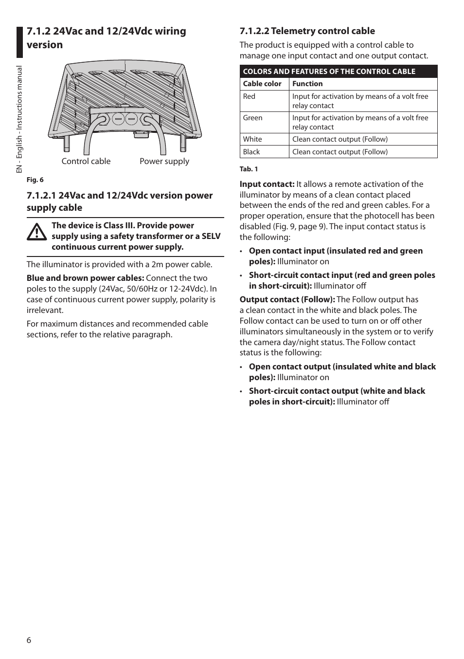 2 24vac and 12/24vdc wiring version, 1 24vac and 12/24vdc version power supply cable, 2 telemetry control cable | Videotec GEKO IRN User Manual | Page 8 / 52