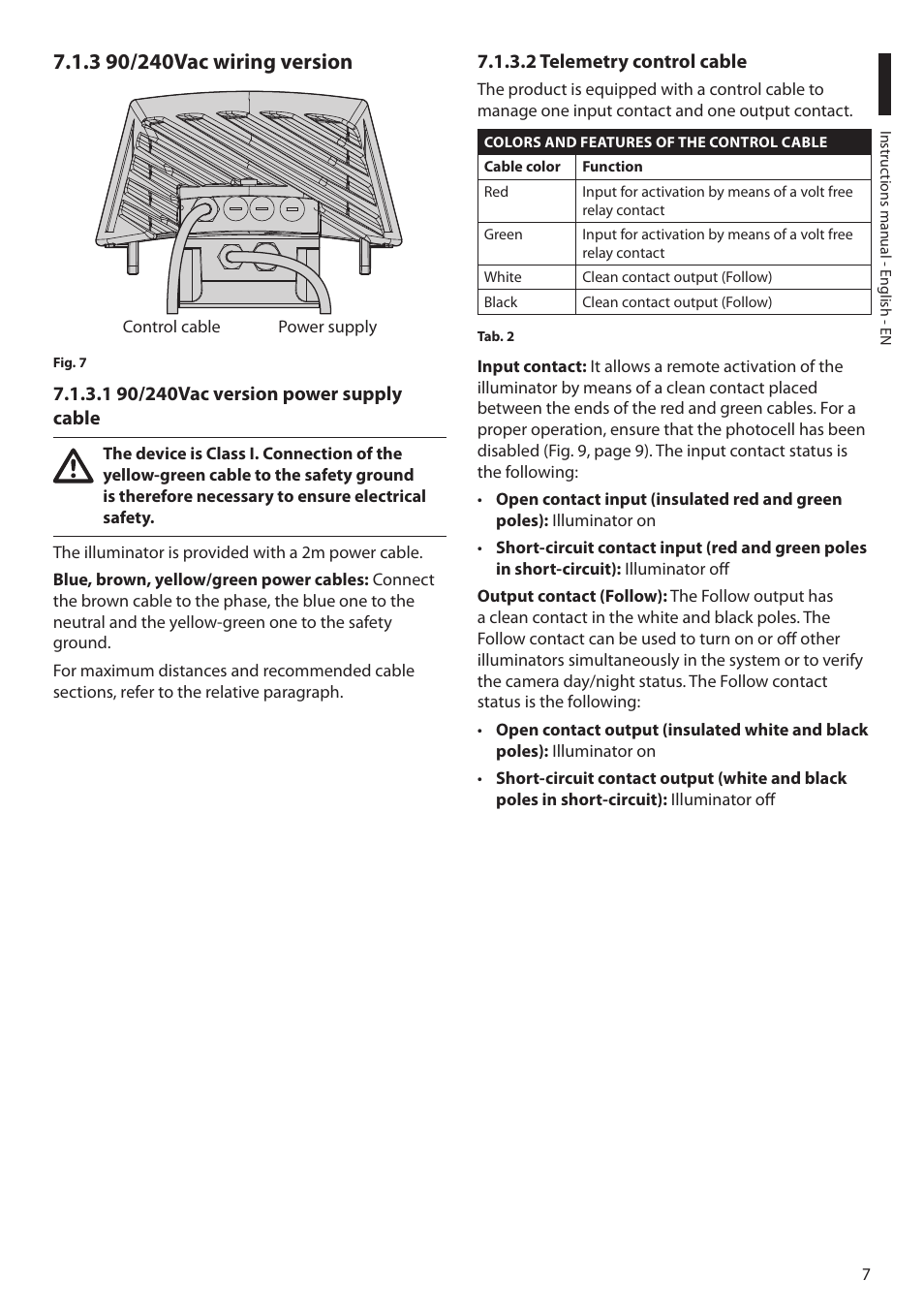 3 90/240vac wiring version, 1 90/240vac version power supply cable, 2 telemetry control cable | Videotec GEKO IRN User Manual | Page 9 / 52