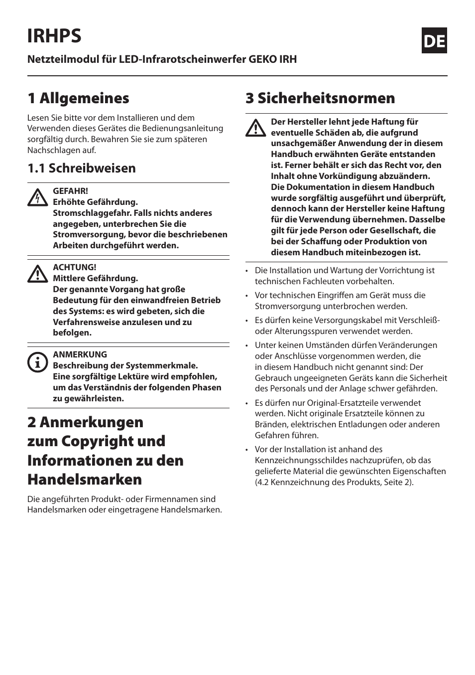 Deutsch, 1 allgemeines, 1 schreibweisen | 3 sicherheitsnormen, Irhps | Videotec IRHPS User Manual | Page 15 / 20