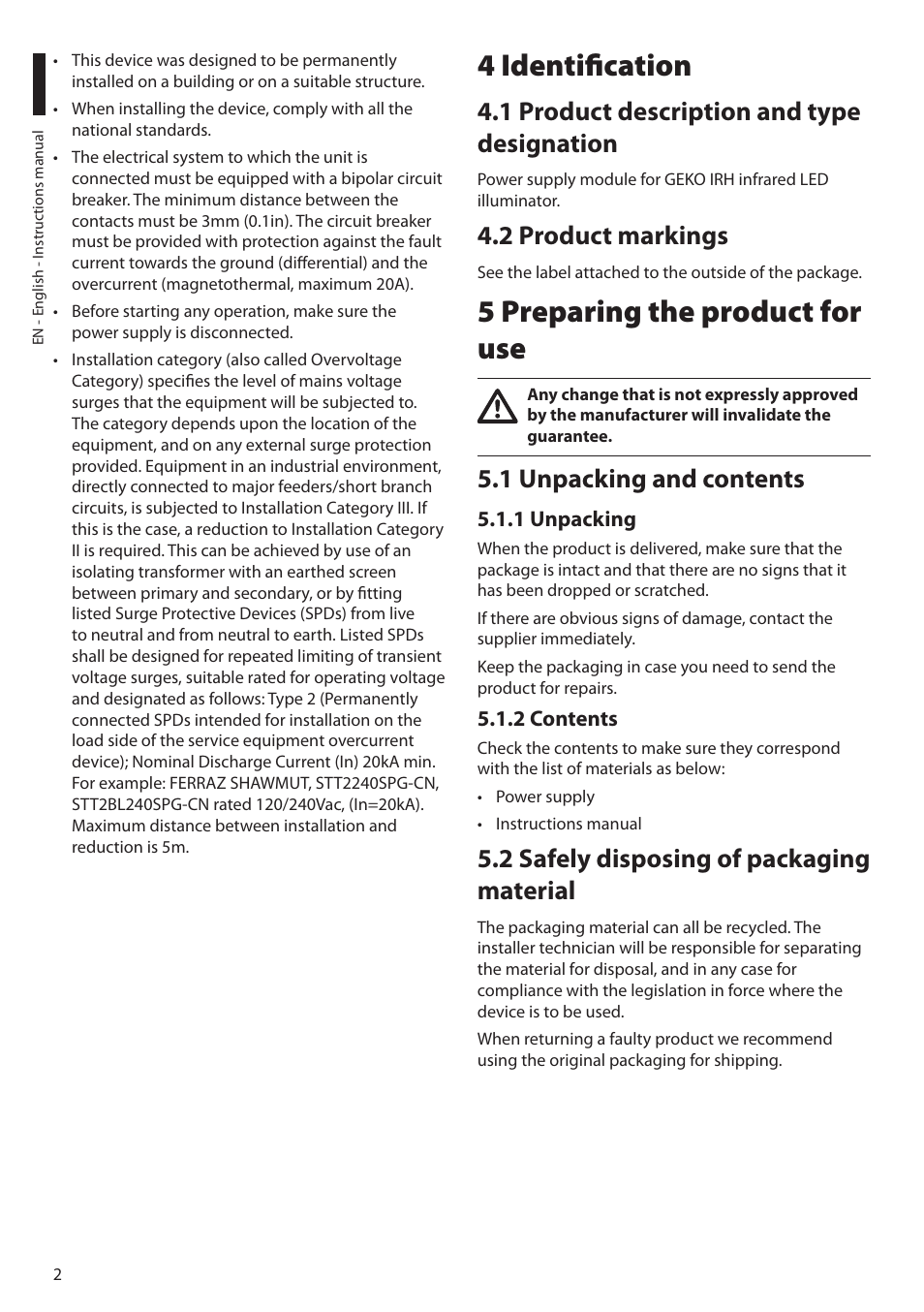 4 identification, 1 product description and type designation, 2 product markings | 5 preparing the product for use, 1 unpacking and contents, 1 unpacking, 2 contents, 2 safely disposing of packaging material | Videotec IRHPS User Manual | Page 4 / 20