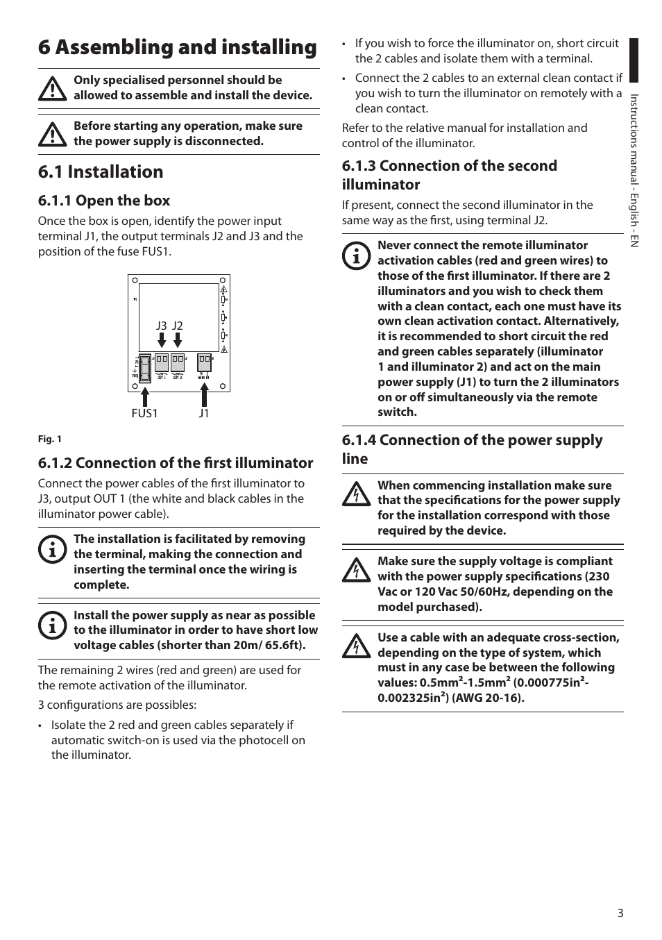 6 assembling and installing, 1 installation, 1 open the box | 2 connection of the first illuminator, 3 connection of the second illuminator, 4 connection of the power supply line | Videotec IRHPS User Manual | Page 5 / 20