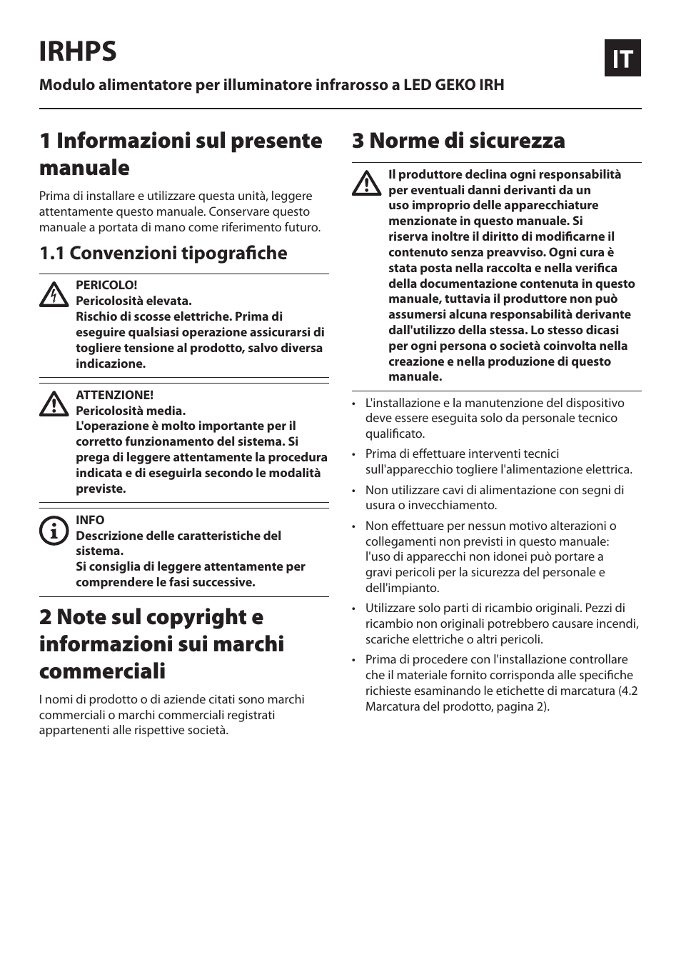 Italiano, 1 informazioni sul presente manuale, 1 convenzioni tipografiche | 3 norme di sicurezza, Irhps | Videotec IRHPS User Manual | Page 7 / 20