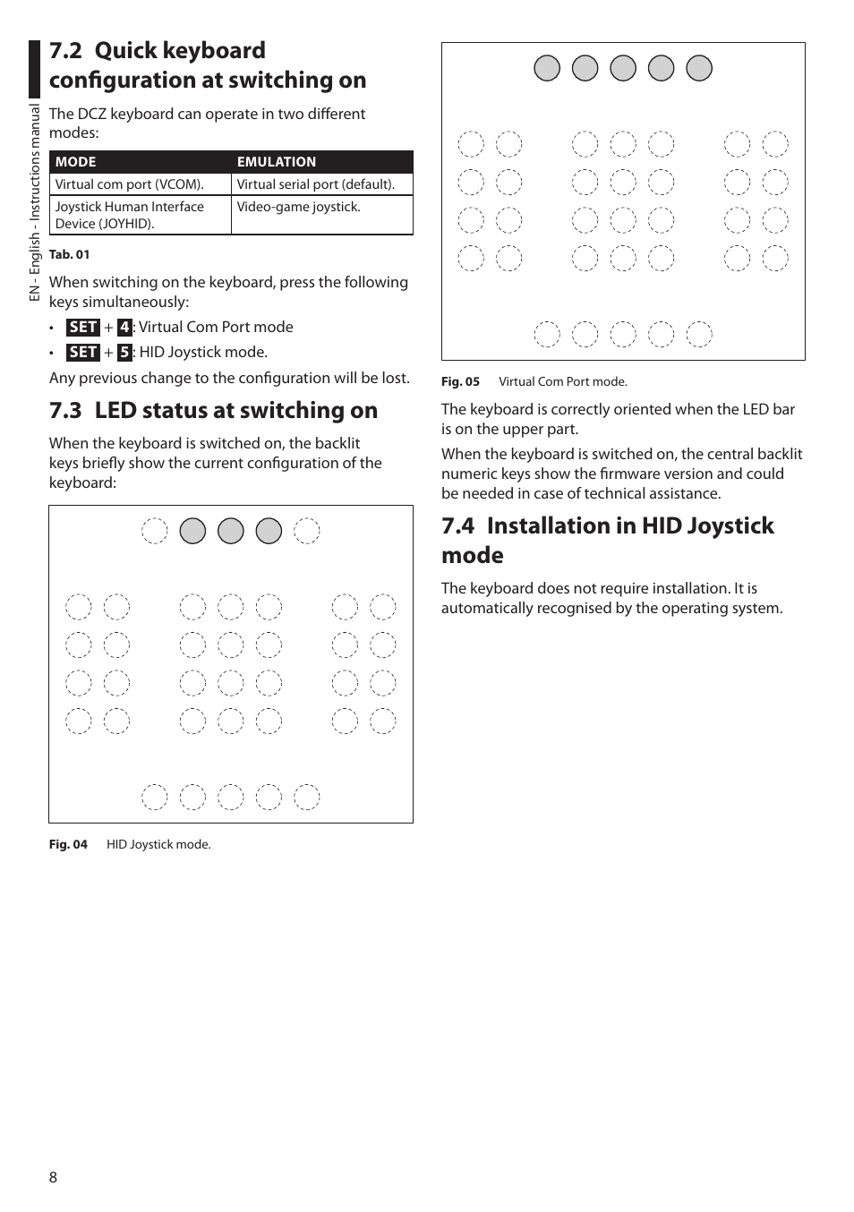 2 quick keyboard configuration at switching on, 3 led status at switching on, 4 installation in hid joystick mode | Videotec DCZ User Manual | Page 10 / 92