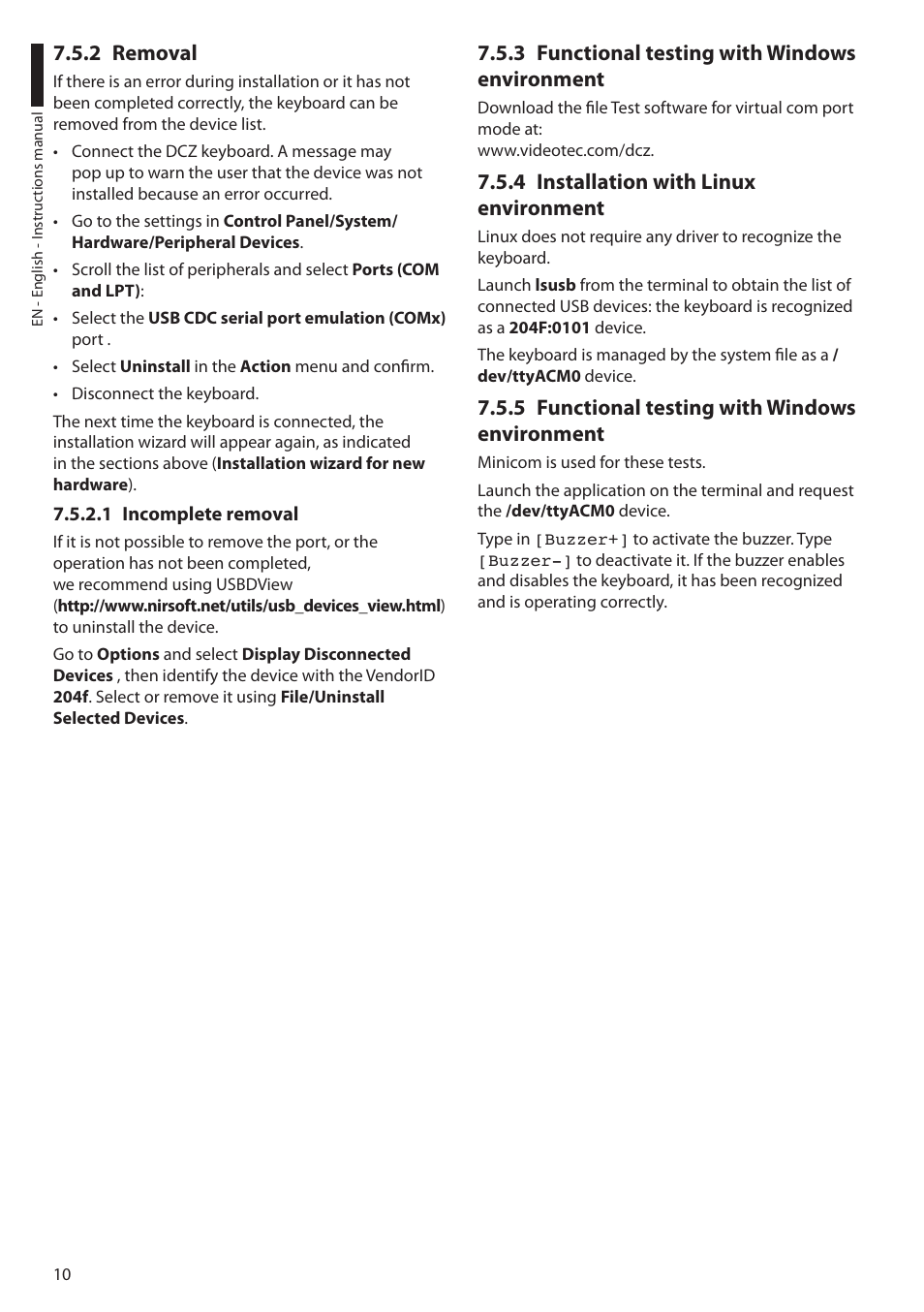2 removal, 1 incomplete removal, 3 functional testing with windows environment | 4 installation with linux environment, 5 functional testing with windows environment | Videotec DCZ User Manual | Page 12 / 92