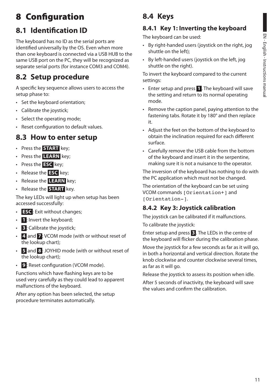 8 configuration, 1 identification id, 2 setup procedure | 3 how to enter setup, 4 keys, 1 key 1: inverting the keyboard, 2 key 3: joystick calibration | Videotec DCZ User Manual | Page 13 / 92